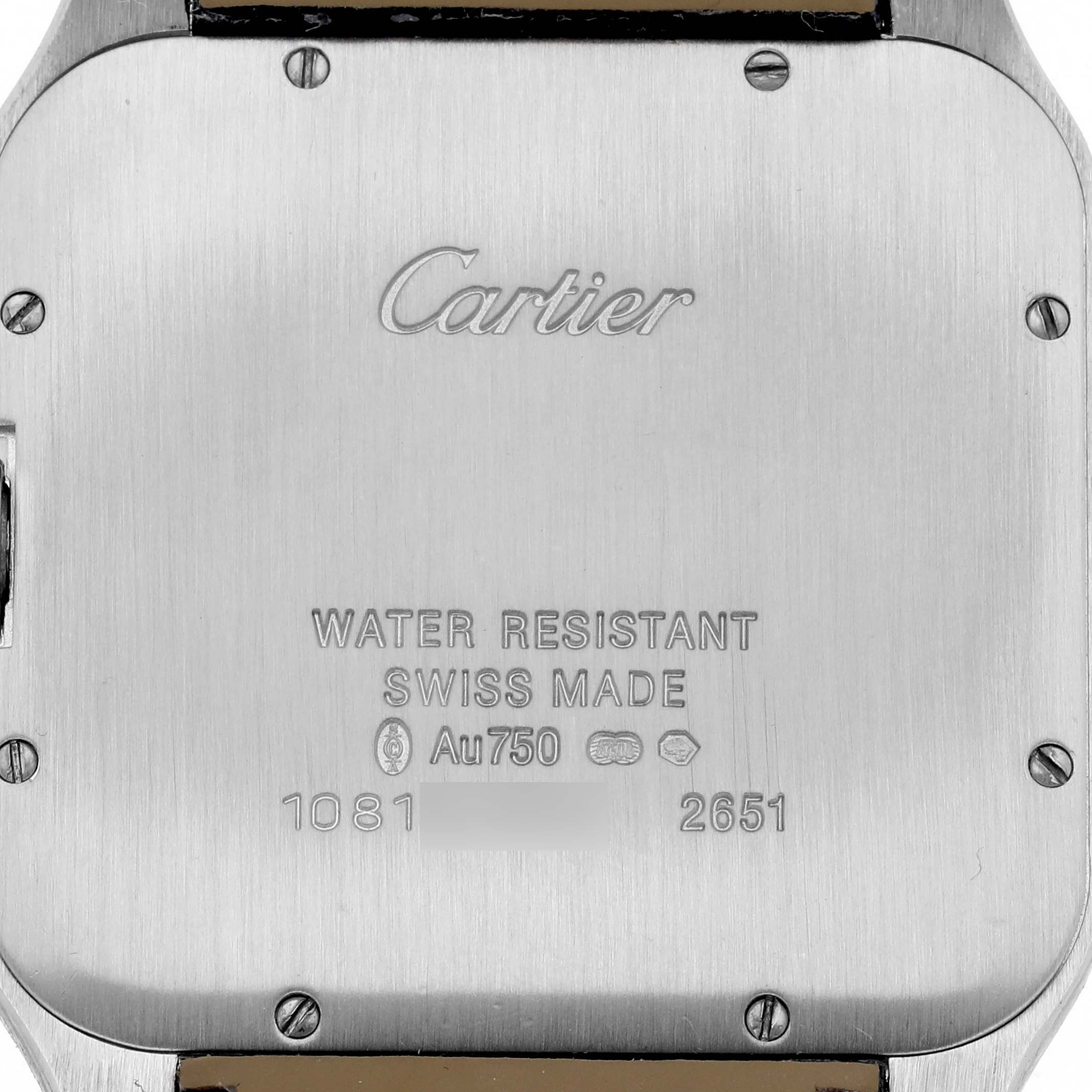 The image shows the back case of a Cartier Santos Dumont W2007051 Men's White Gold Silver Dial W2007051 Men's White Gold Silver Dial watch, highlighting its branding and specifications.