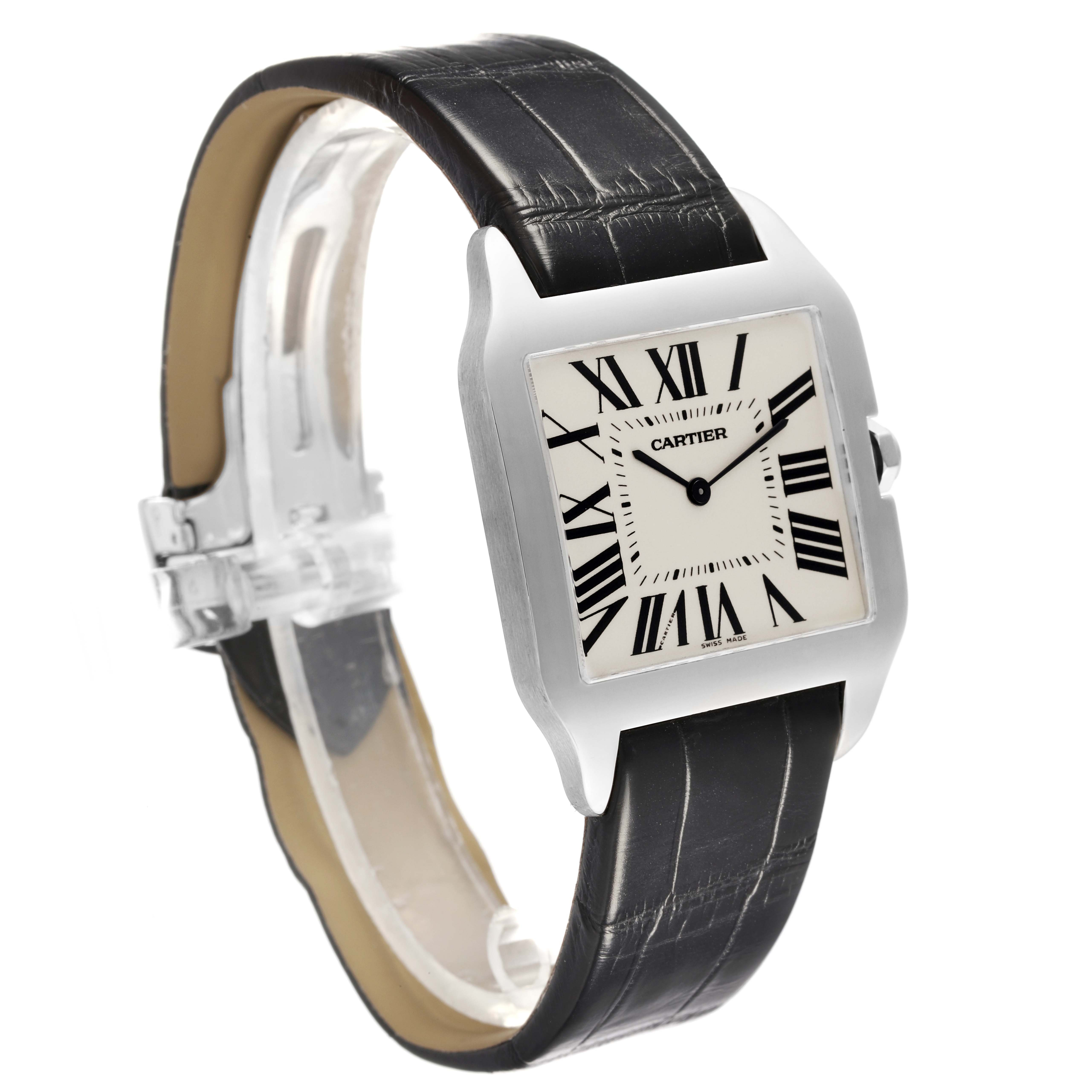 The Cartier Santos Dumont W2007051 Men's White Gold Silver Dial W2007051 Men's White Gold Silver Dial watch is shown at a three-quarter angle, displaying its square case, Roman numeral dial, and leather strap.