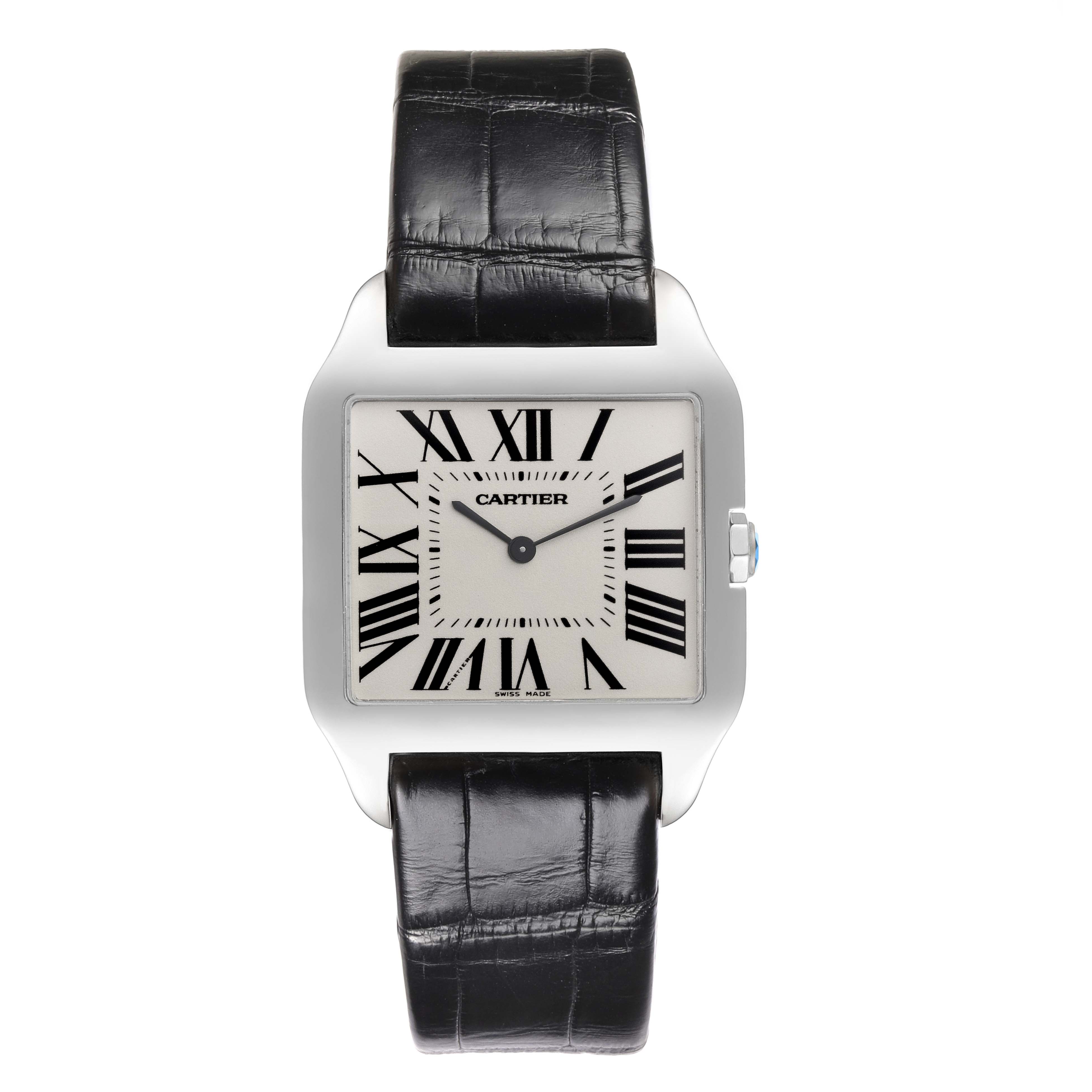This image shows a front view of the Cartier Santos Dumont W2007051 Men's White Gold Silver Dial W2007051 Men's White Gold Silver Dial watch, highlighting its face, case, and strap.