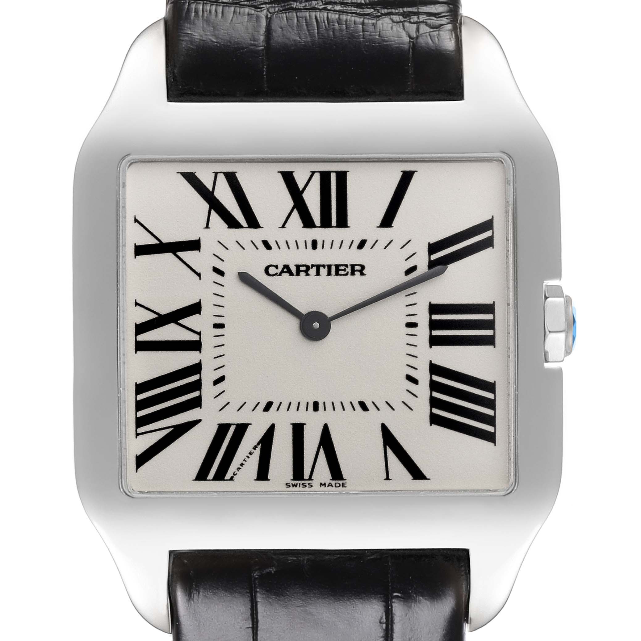 The Cartier Santos Dumont W2007051 Men's White Gold Silver Dial W2007051 Men's White Gold Silver Dial watch is shown from a frontal angle, displaying its face, crown, and leather strap.