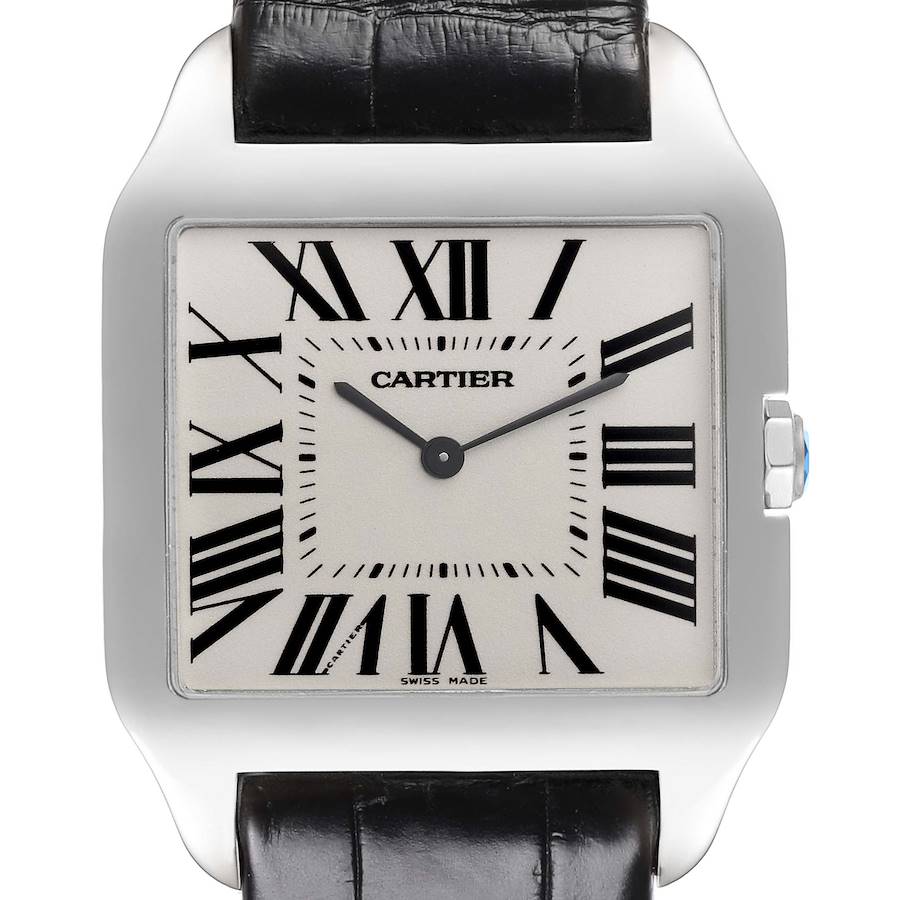 The Cartier Santos Dumont watch is shown from a frontal angle, displaying its face, crown, and leather strap.