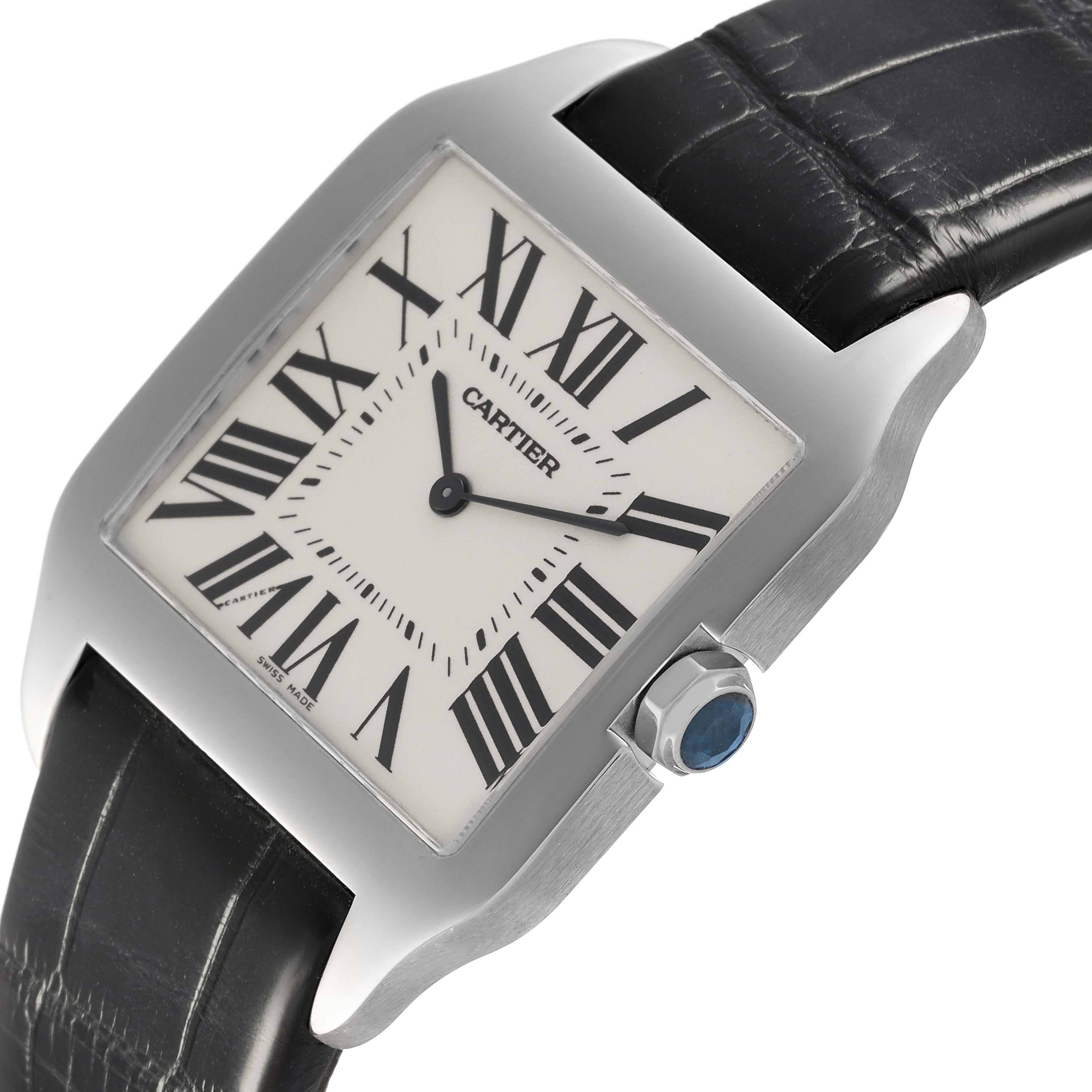 The Cartier Santos Dumont W2007051 Men's White Gold Silver Dial W2007051 Men's White Gold Silver Dial watch is shown at an angle highlighting the face, bezel, crown, and leather strap.