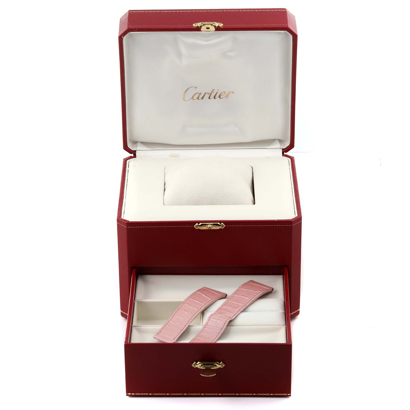 The image shows an angled view of a Cartier Santos Dumont W2007051 Men's White Gold Silver Dial W2007051 Men's White Gold Silver Dial box with additional pink straps.