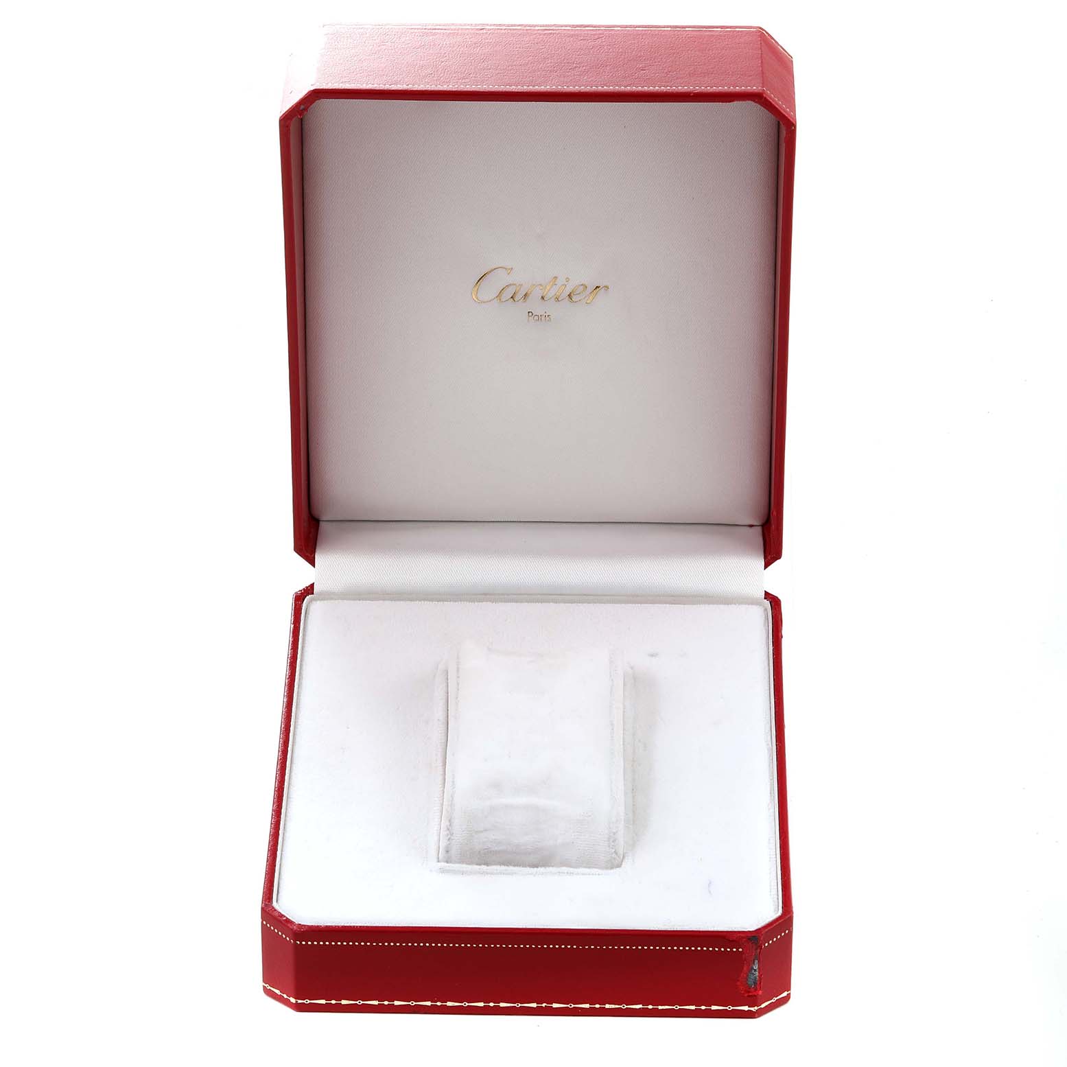 This image shows an open red and white Cartier box, possibly for a Tank Classic watch, viewed from the front.