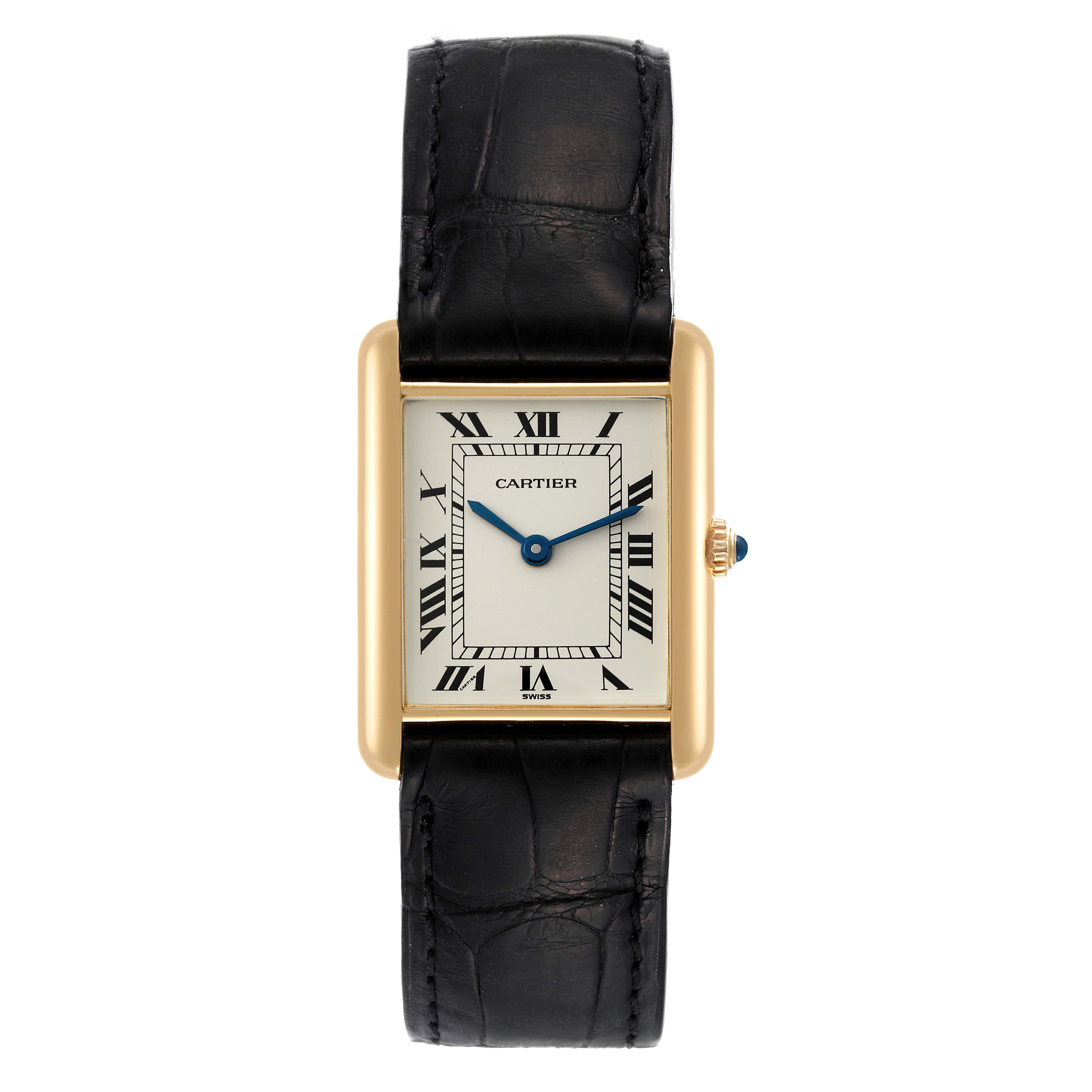 This image shows a front view of the Cartier Tank Classic Women's Yellow Gold White Dial Women's Yellow Gold White Dial watch, featuring its face, strap, and crown.
