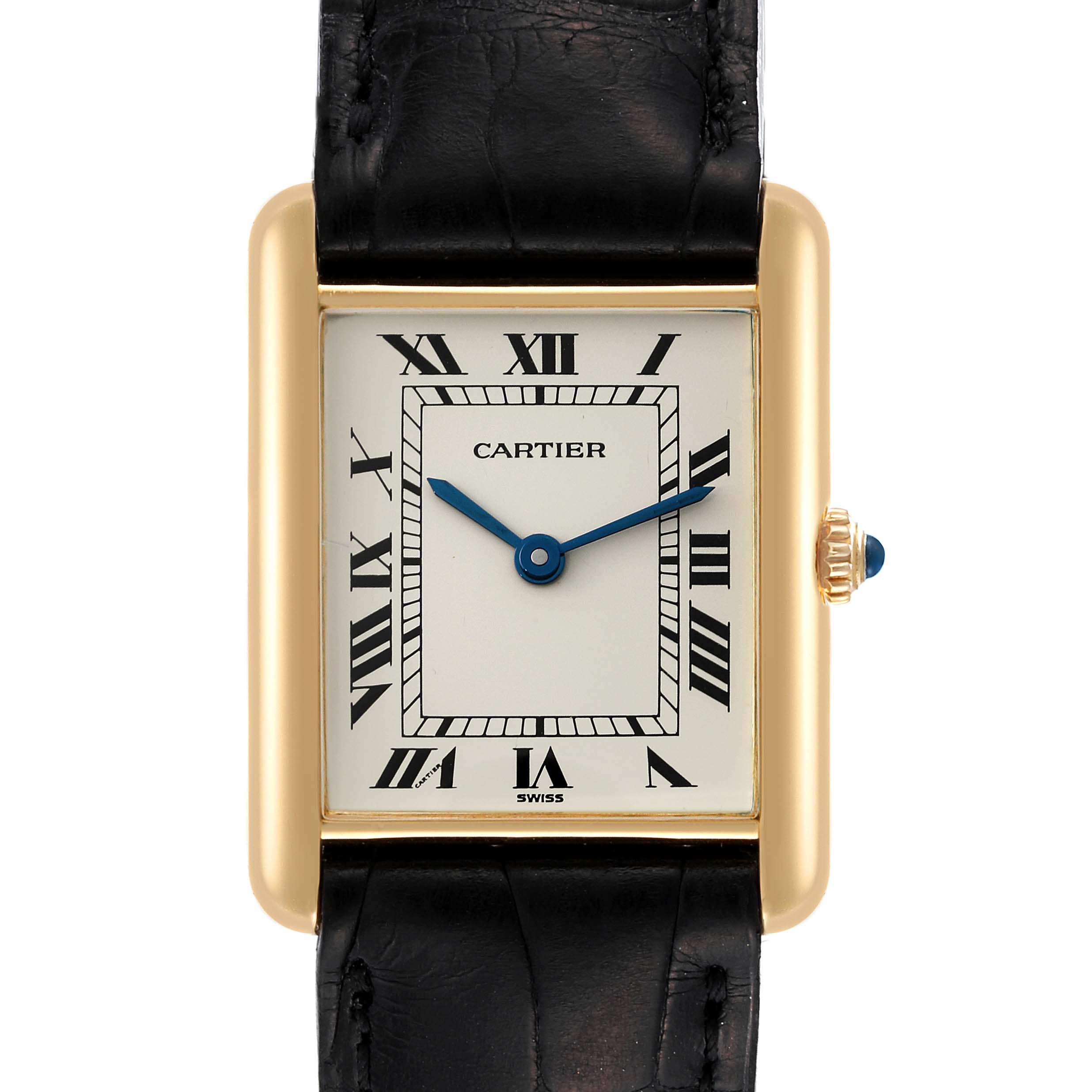 This image shows a frontal view of the Tank Classic model by Cartier, featuring the dial, Roman numerals, and leather strap.