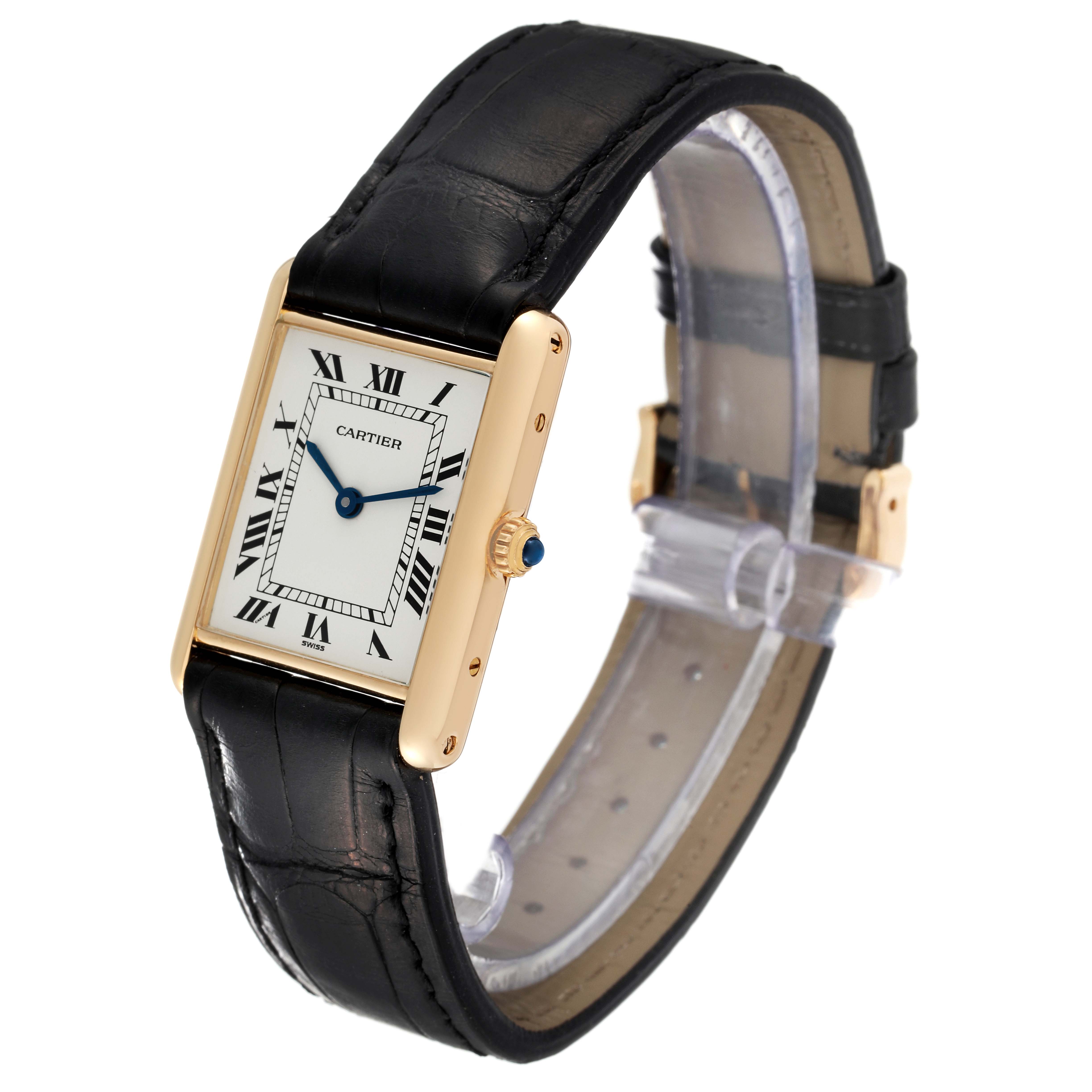 The image shows a Cartier Tank Classic Women's Yellow Gold White Dial Women's Yellow Gold White Dial watch at a slight side angle, highlighting its rectangular dial, gold case, and black leather strap.