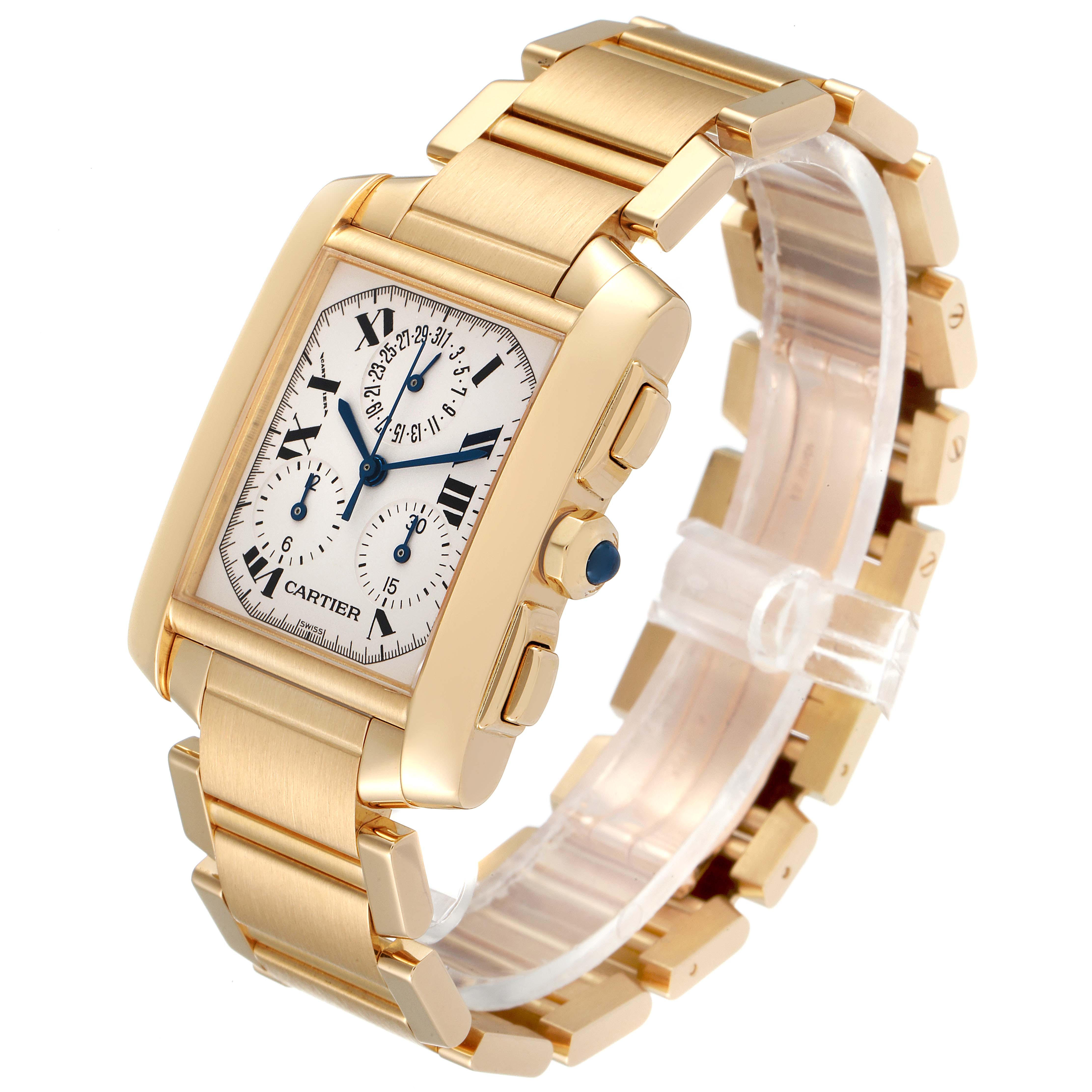 The image shows a Cartier Tank Francaise W50005R2 Men's Yellow Gold Silver Dial W50005R2 Men's Yellow Gold Silver Dial watch at a three-quarter angle, highlighting the face, side buttons, and gold bracelet.