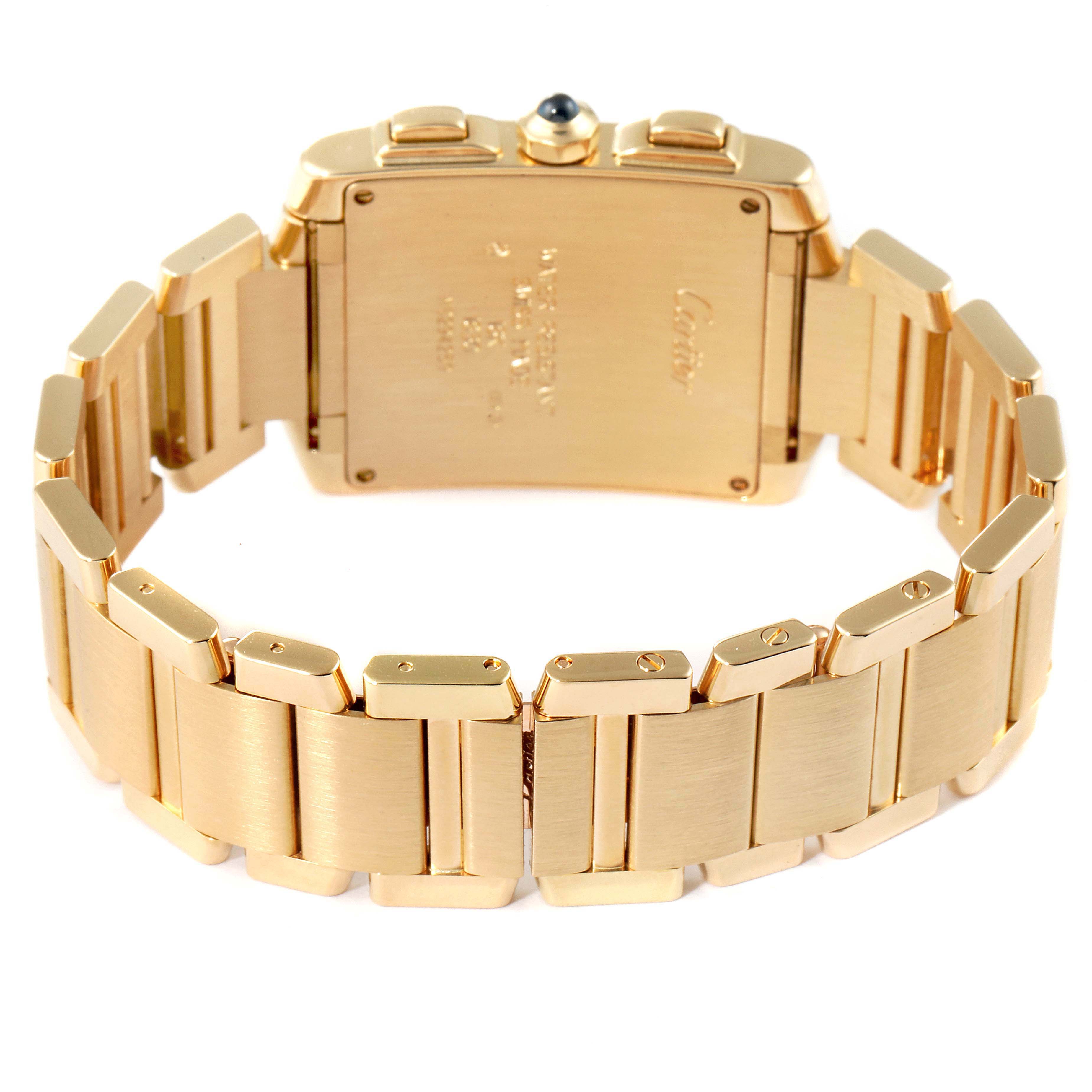 The image shows the back view of a Cartier Tank Francaise W50005R2 Men's Yellow Gold Silver Dial W50005R2 Men's Yellow Gold Silver Dial watch, highlighting the clasp and bracelet links.