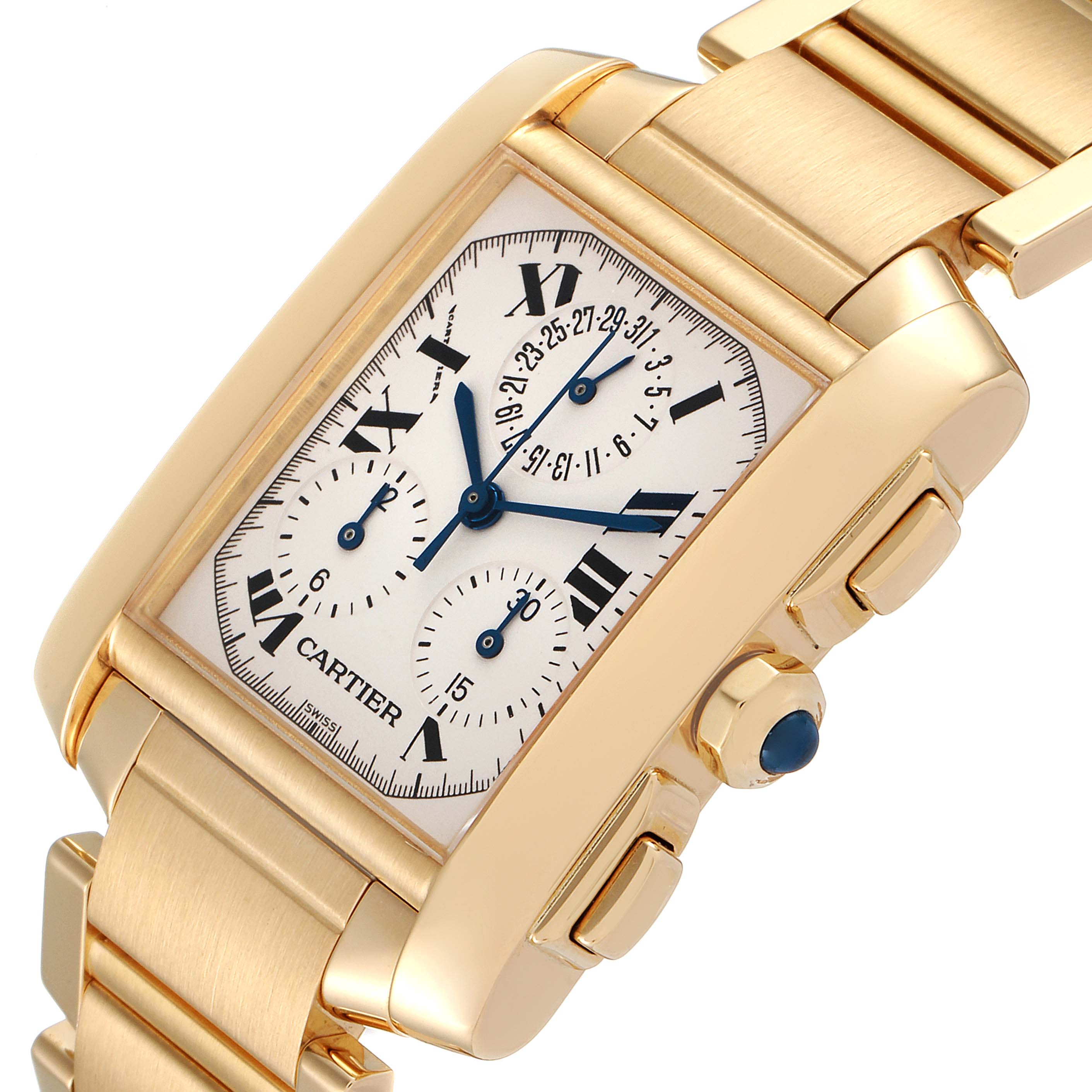 This image shows a close-up angle of the Cartier Tank Francaise W50005R2 Men's Yellow Gold Silver Dial W50005R2 Men's Yellow Gold Silver Dial watch, focusing on the dial and part of the bracelet.