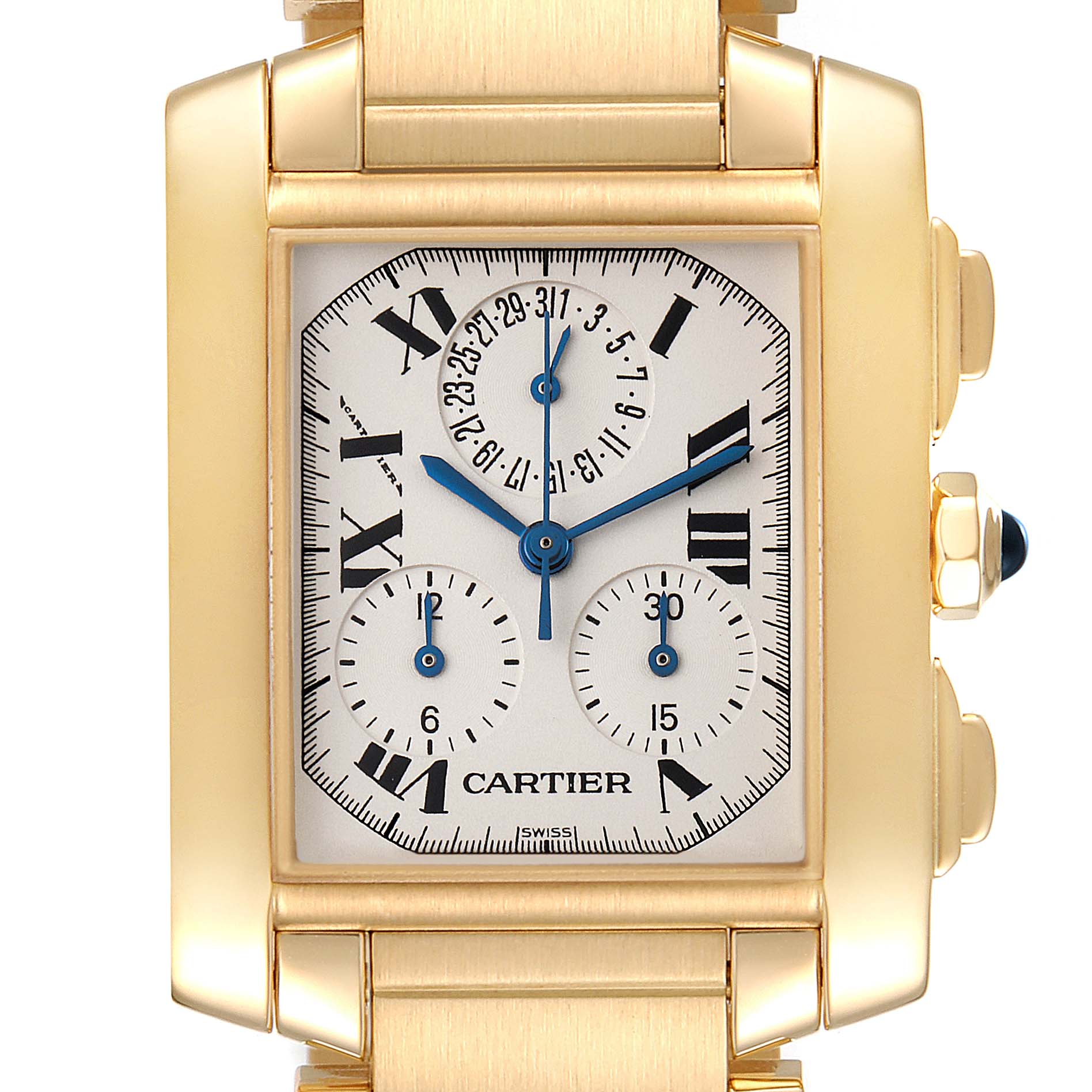 The image shows a frontal view of the Cartier Tank Francaise W50005R2 Men's Yellow Gold Silver Dial W50005R2 Men's Yellow Gold Silver Dial watch, highlighting the dial, hands, and chronograph subdials.