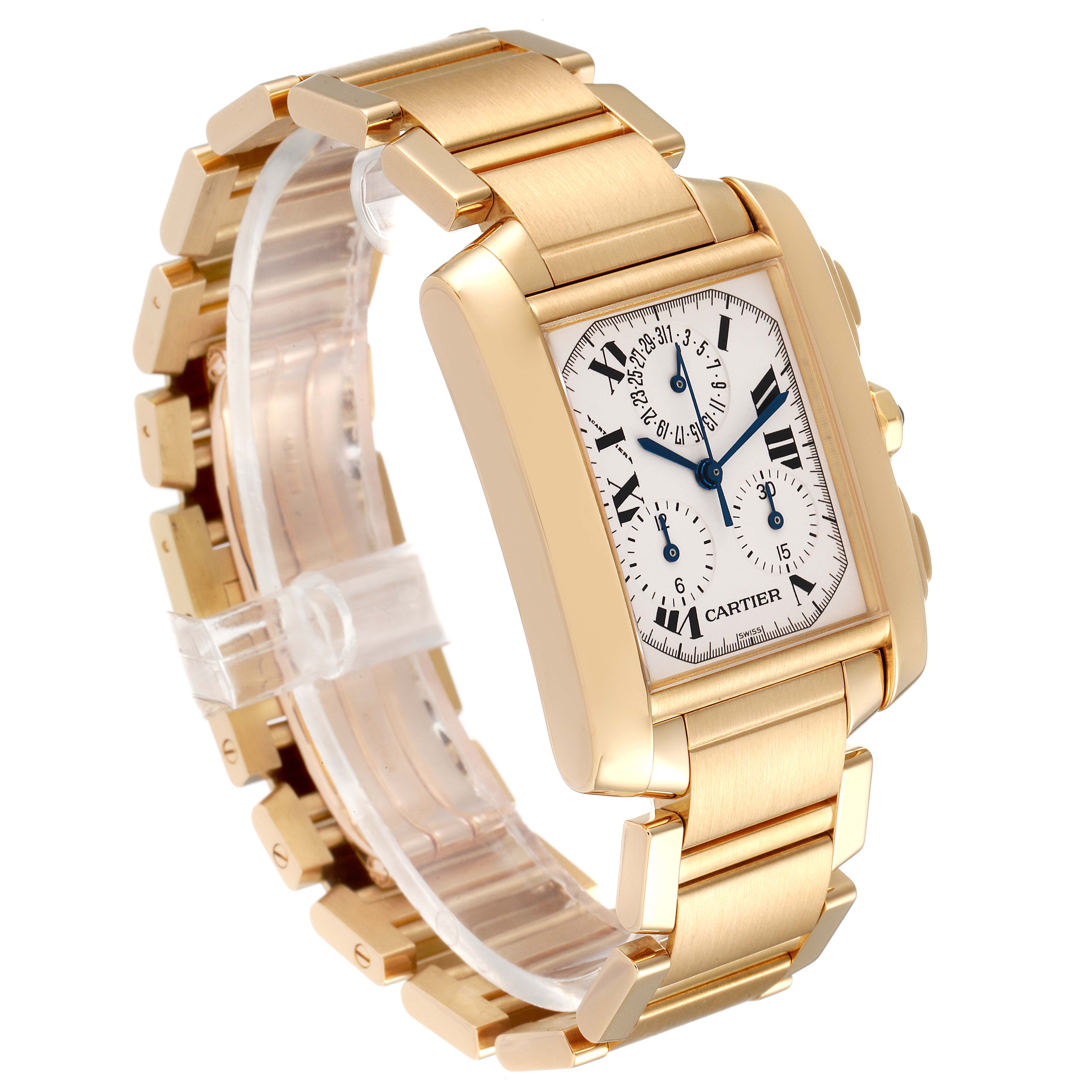 The image shows a Cartier Tank Francaise W50005R2 Men's Yellow Gold Silver Dial W50005R2 Men's Yellow Gold Silver Dial watch from a side angle, highlighting the gold bracelet and rectangular dial.