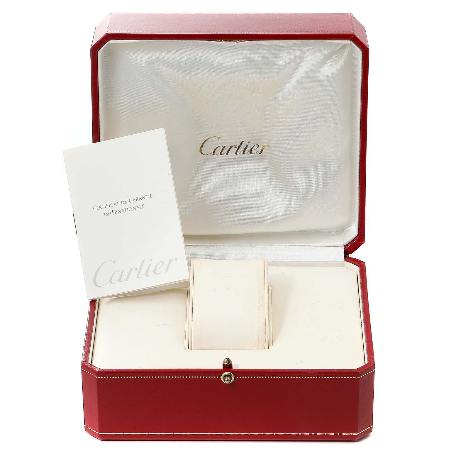 A Cartier Tank Française watch box is shown open with a cushioned holder and a warranty booklet inside.
