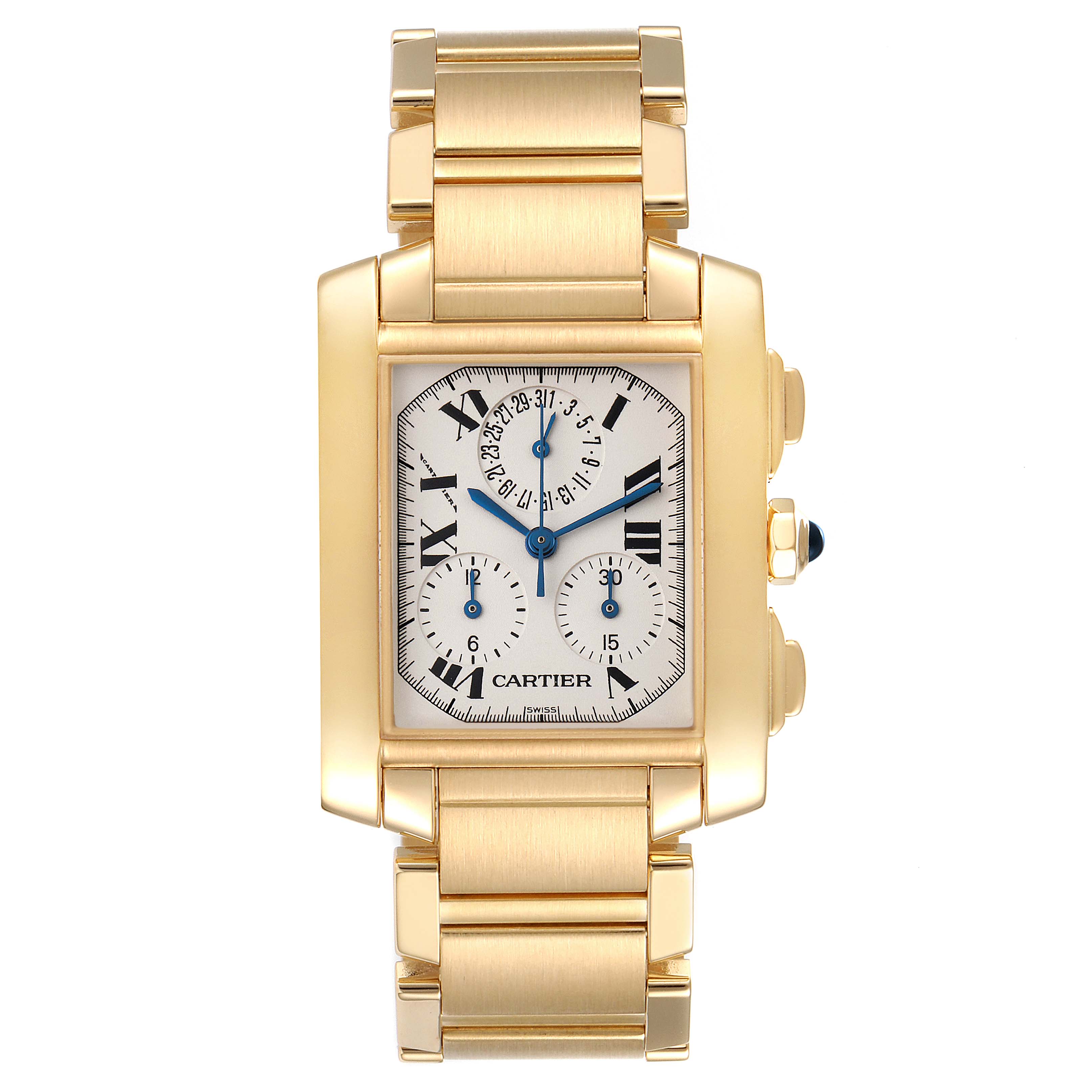 The image shows a Cartier Tank Francaise W50005R2 Men's Yellow Gold Silver Dial W50005R2 Men's Yellow Gold Silver Dial watch from a top-down angle, highlighting its gold bracelet and rectangular dial.