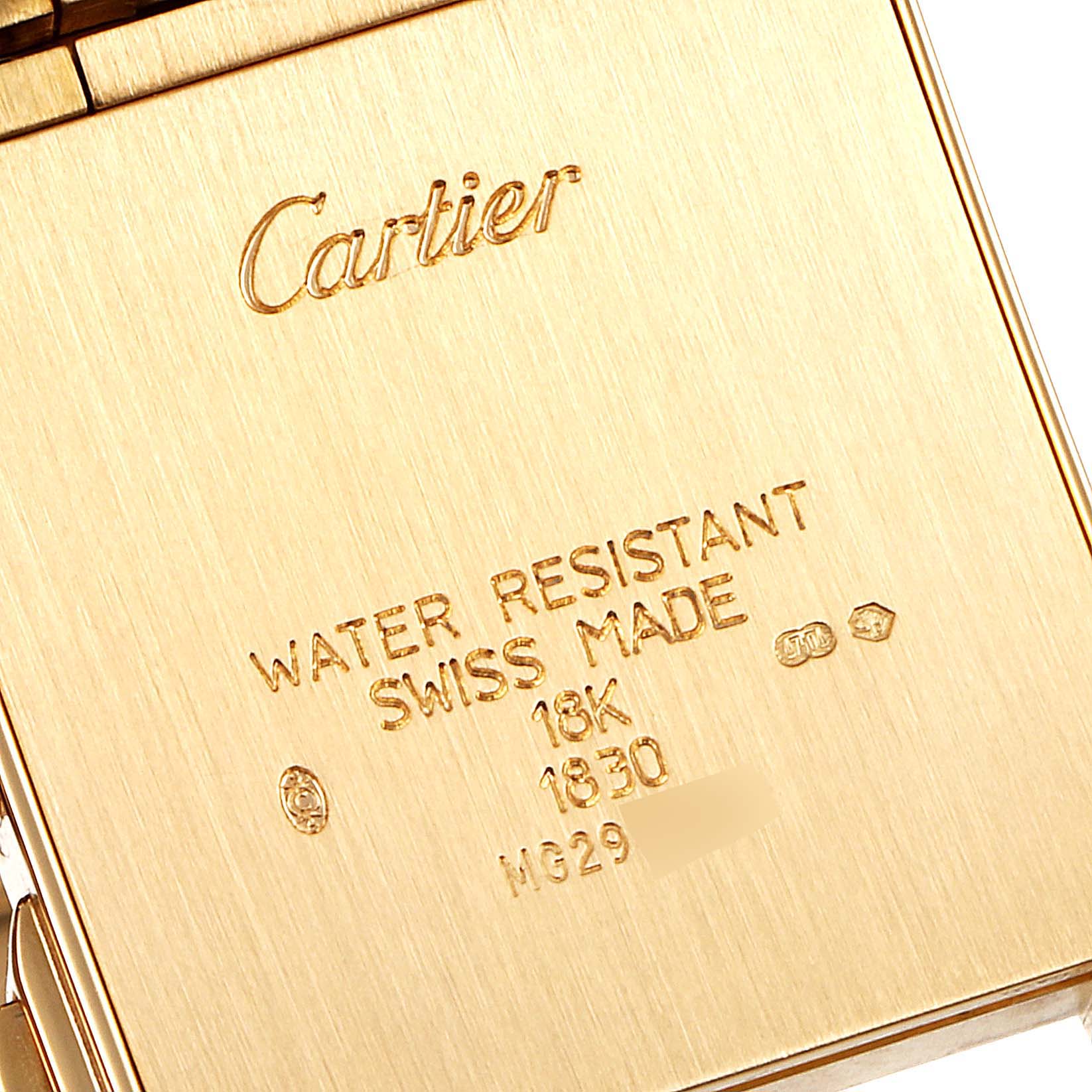 The image shows the back case of a Cartier Tank Francaise W50005R2 Men's Yellow Gold Silver Dial W50005R2 Men's Yellow Gold Silver Dial watch, highlighting the engraved specifications.