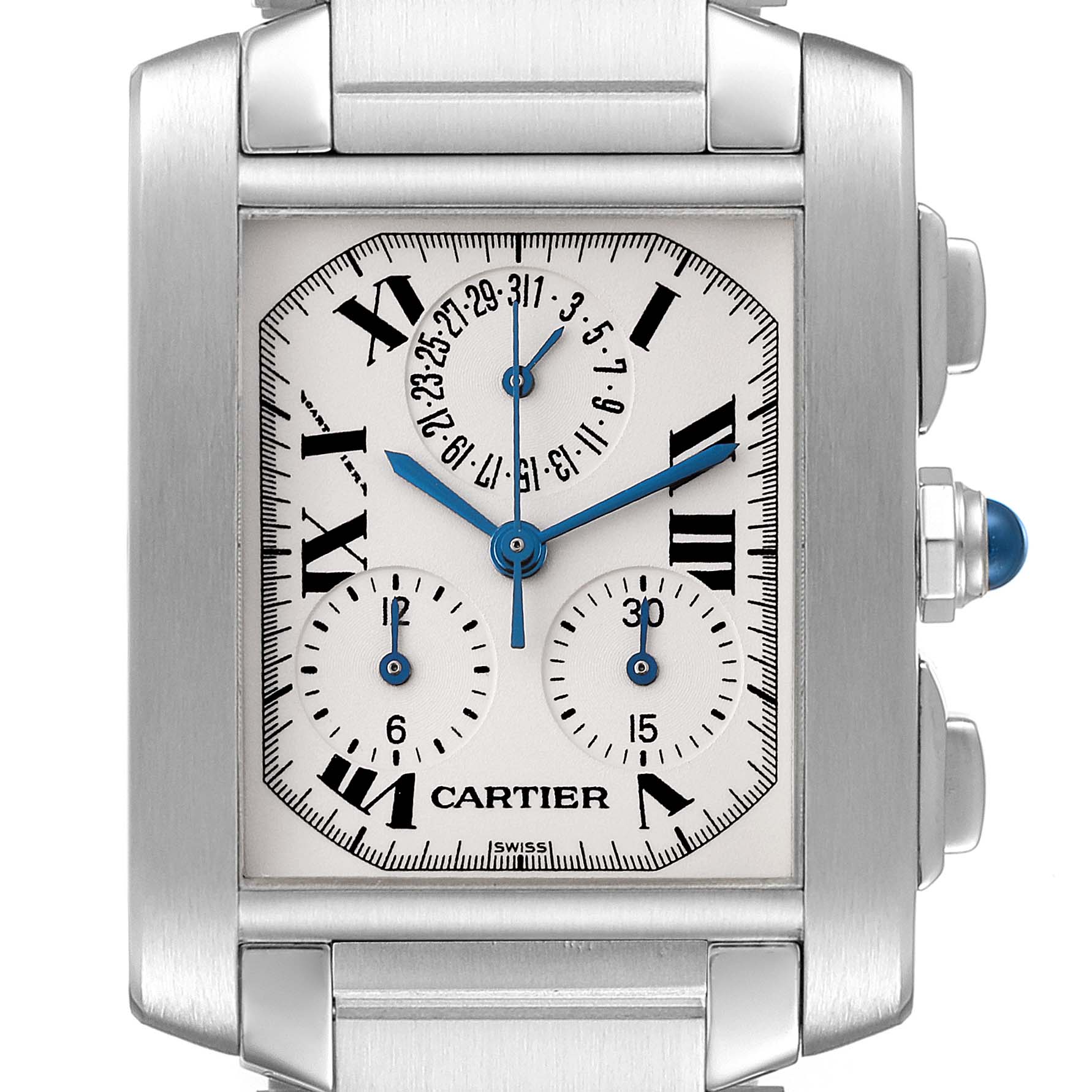 The image shows a frontal view of a Cartier Tank Francaise W51001Q3 Men's Stainless Steel Silver Dial W51001Q3 Men's Stainless Steel Silver Dial watch, highlighting its face and chronograph subdials.