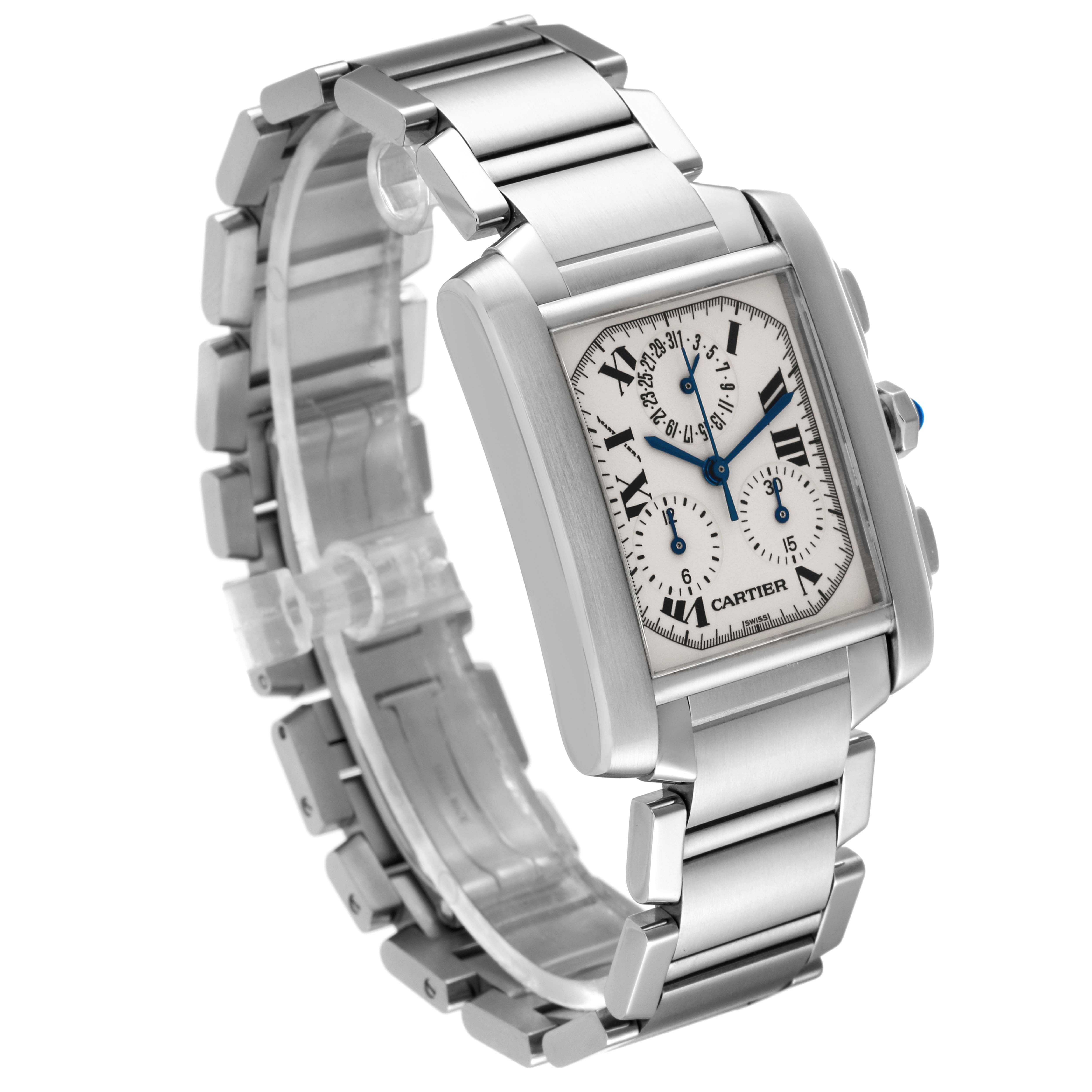 This image shows a side angle of a Cartier Tank Francaise W51001Q3 Men's Stainless Steel Silver Dial W51001Q3 Men's Stainless Steel Silver Dial watch, highlighting the face, bracelet, and crown.