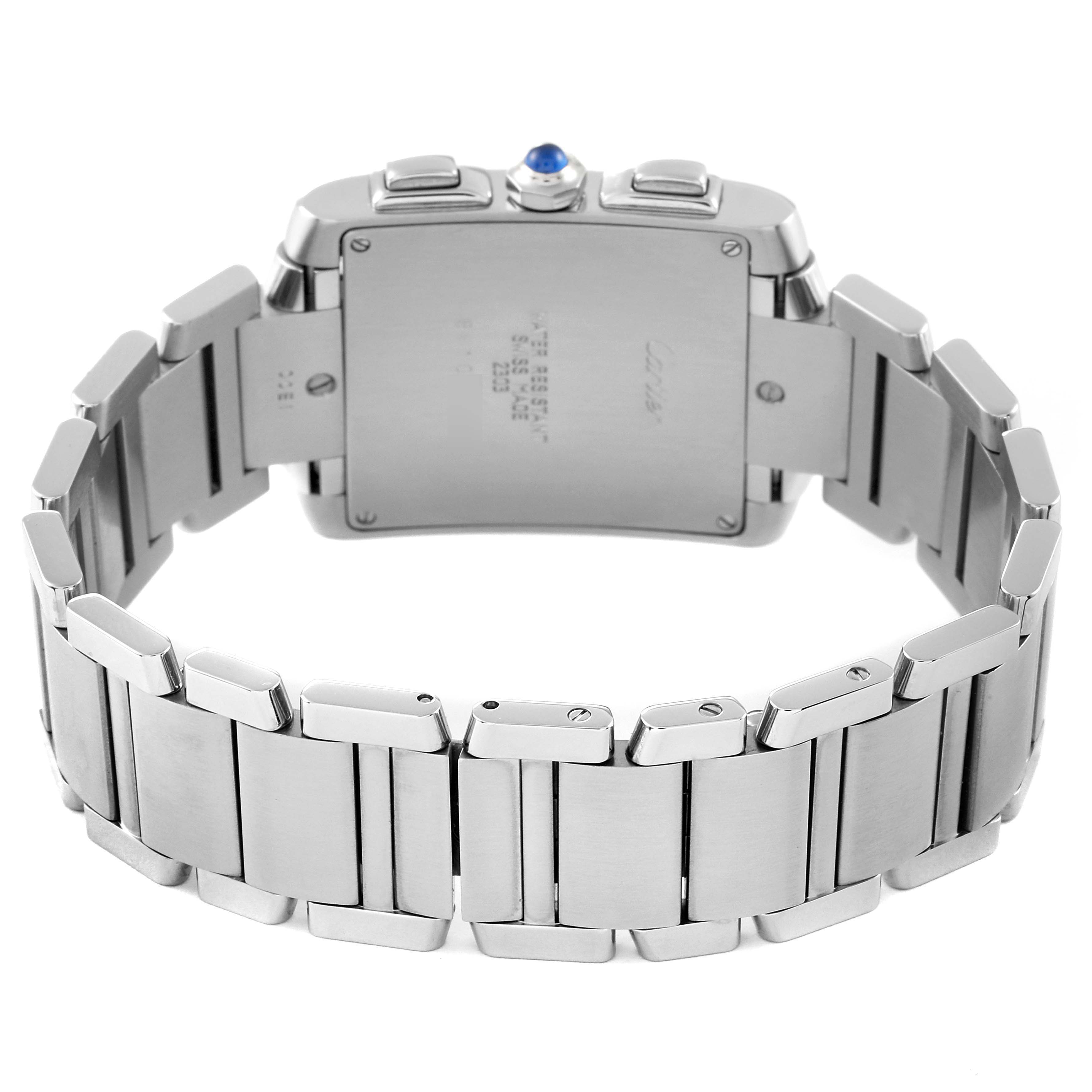 The image shows the back view and bracelet of the Cartier Tank Francaise W51001Q3 Men's Stainless Steel Silver Dial W51001Q3 Men's Stainless Steel Silver Dial watch, highlighting the clasp and case back.