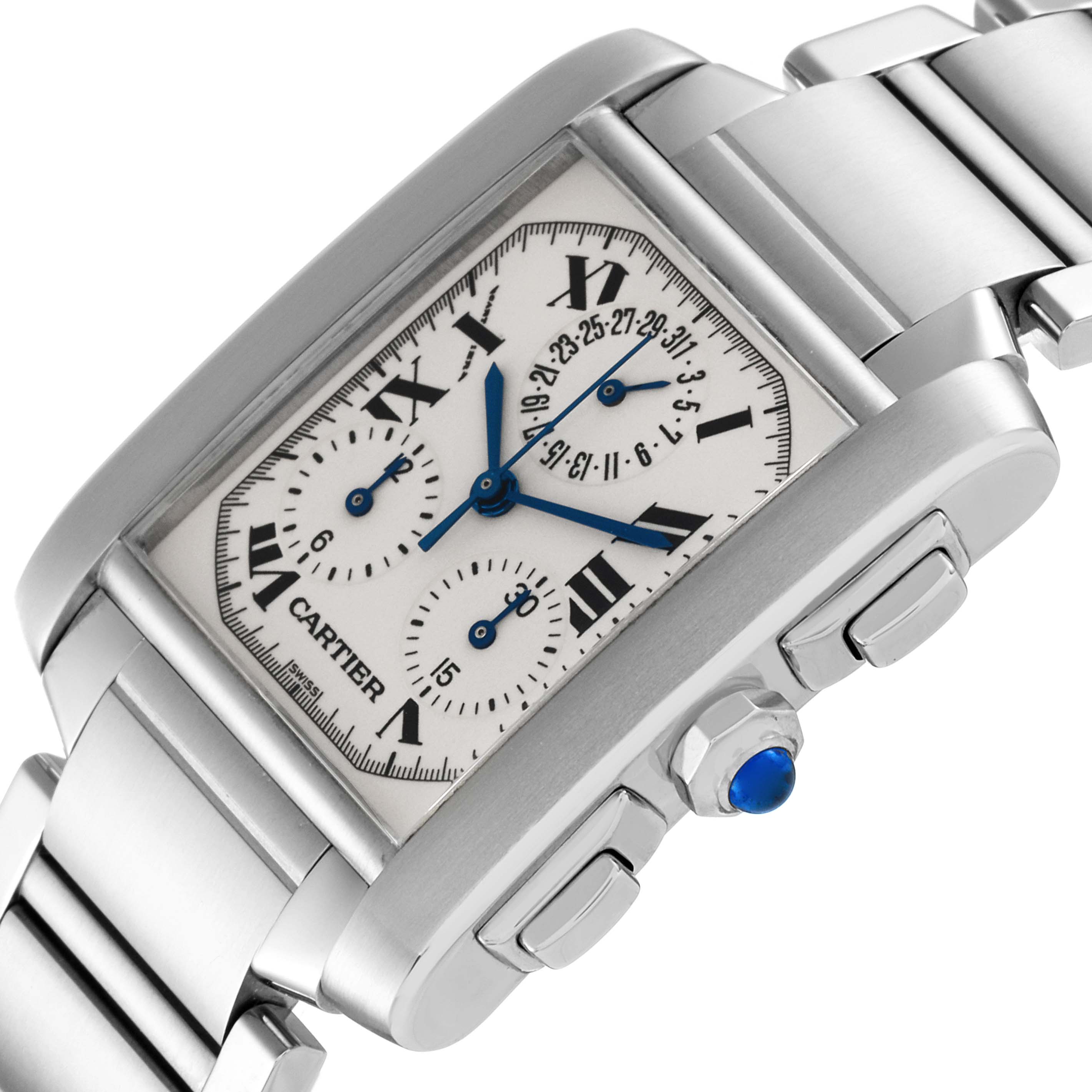 The image shows a side angle of the Cartier Tank Francaise W51001Q3 Men's Stainless Steel Silver Dial W51001Q3 Men's Stainless Steel Silver Dial watch, highlighting the face, crown, and part of the bracelet.