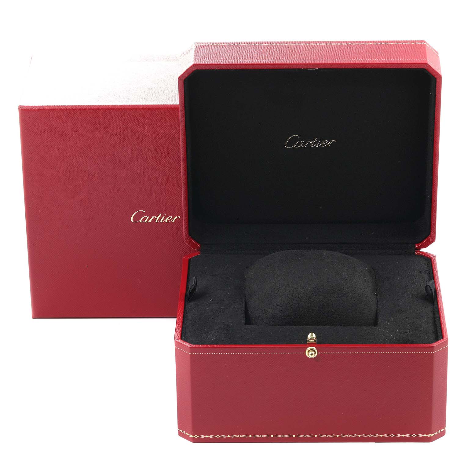 The image shows a Cartier Tank Francaise W51001Q3 Men's Stainless Steel Silver Dial W51001Q3 Men's Stainless Steel Silver Dial watch empty presentation box and cushion from a front angle.