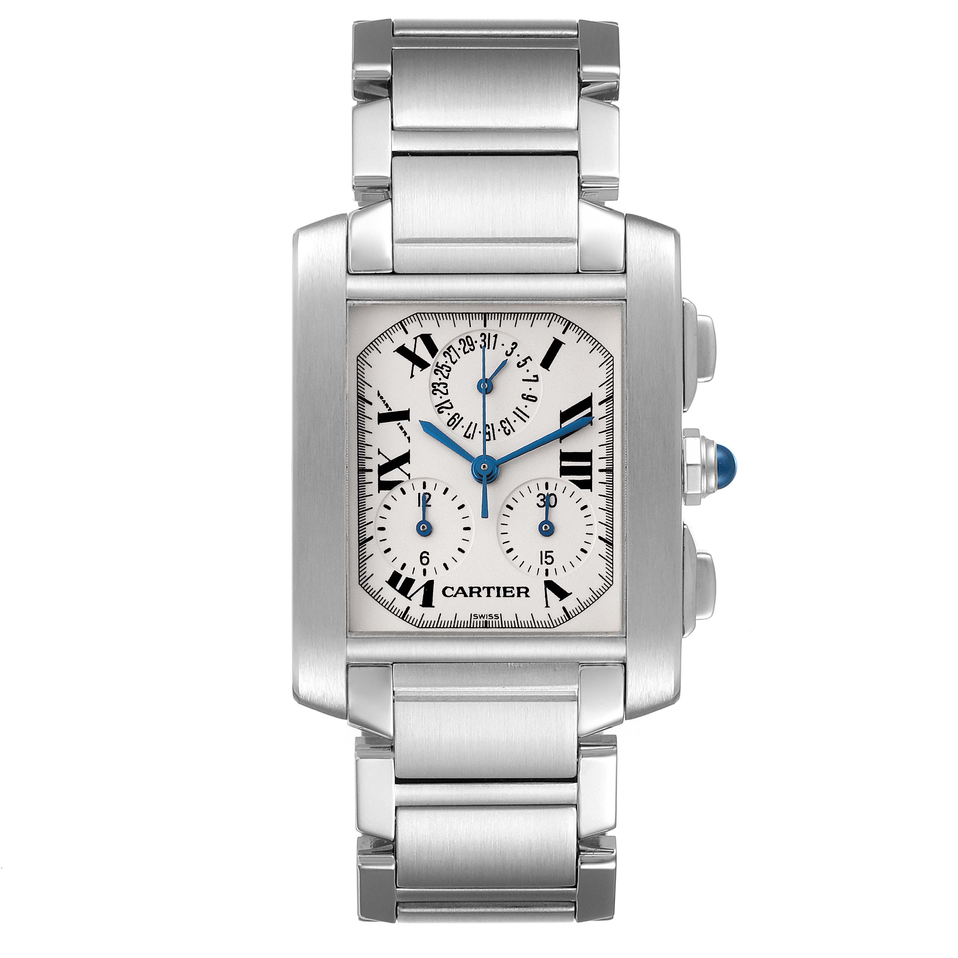 The image shows a front view of a Cartier Tank Francaise W51001Q3 Men's Stainless Steel Silver Dial W51001Q3 Men's Stainless Steel Silver Dial watch, highlighting its face, dials, and stainless steel bracelet.