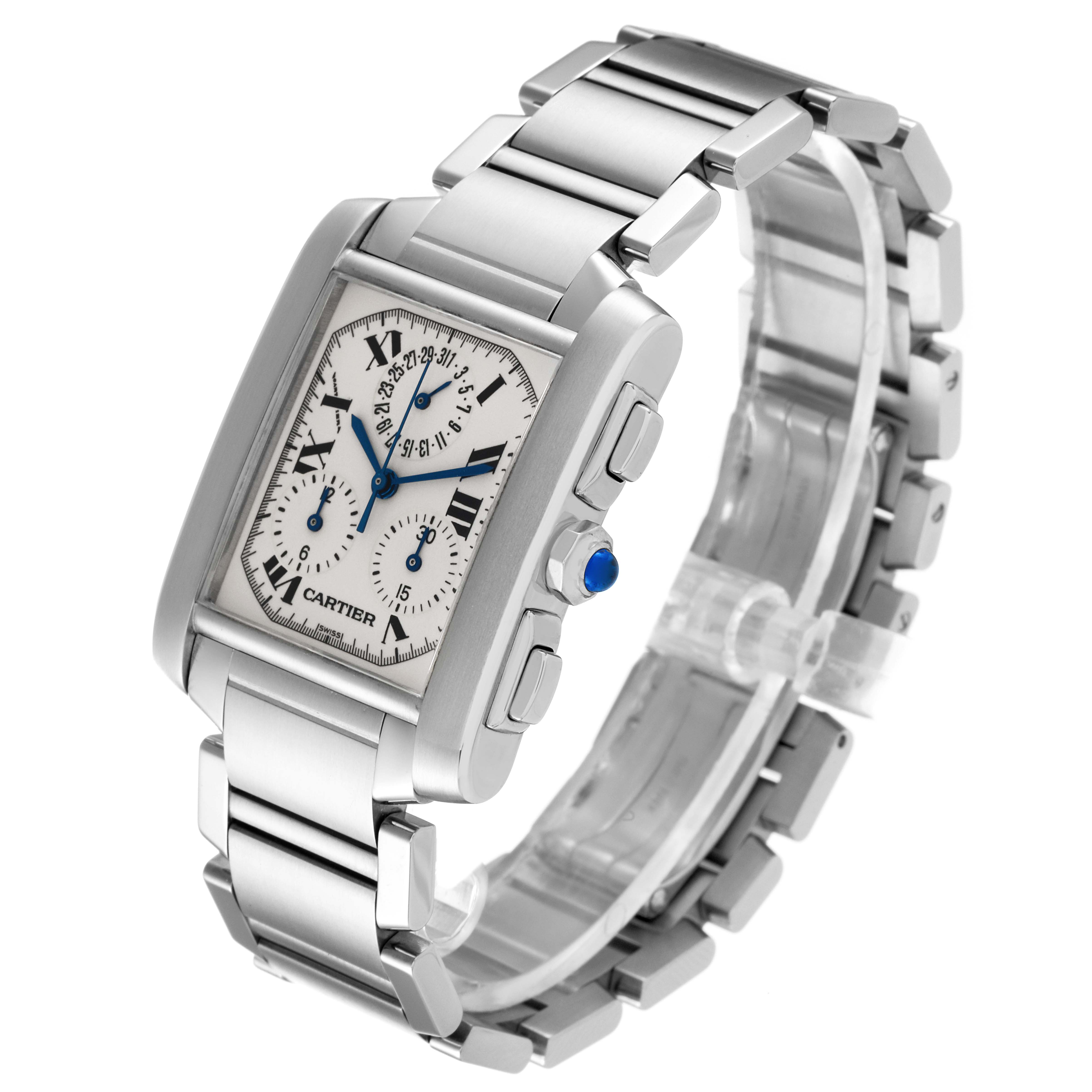 This image shows a side angle of the Cartier Tank Francaise W51001Q3 Men's Stainless Steel Silver Dial W51001Q3 Men's Stainless Steel Silver Dial watch, highlighting its face, bracelet, and crown with a blue cabochon.