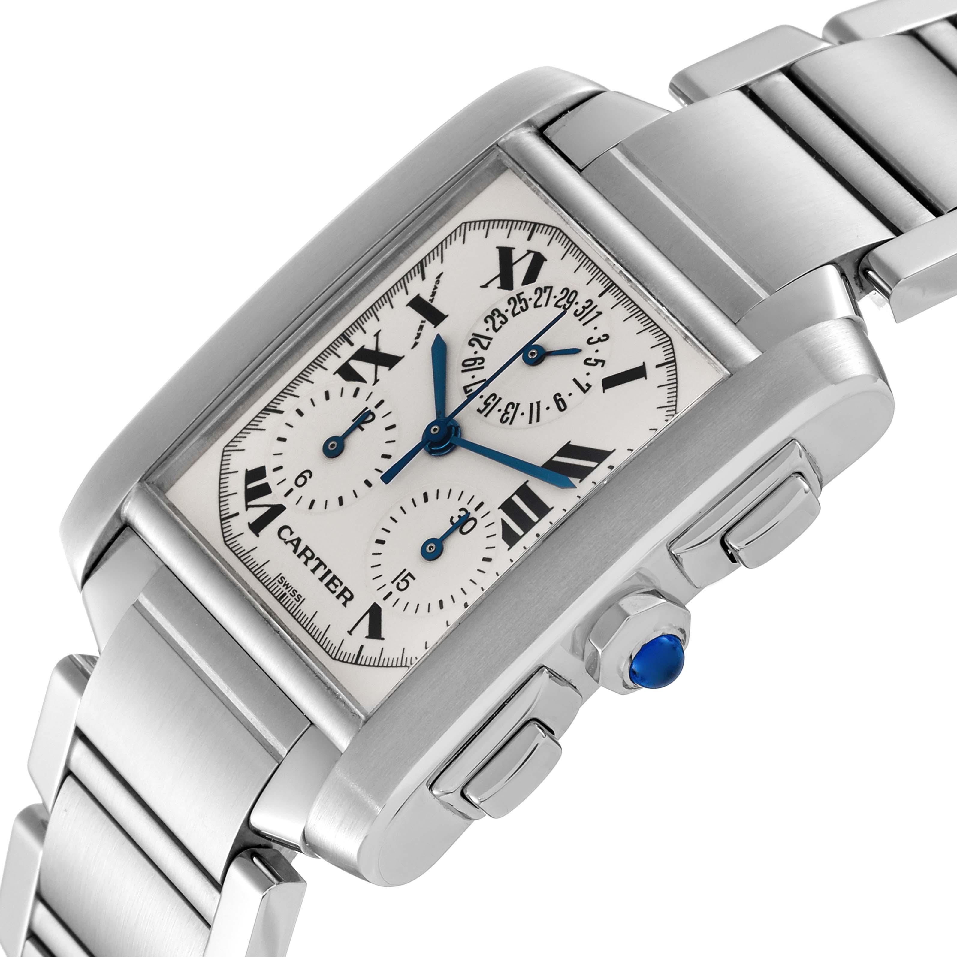 The image shows a close-up angle of the face, bracelet, and side buttons of the Cartier Tank Francaise W51001Q3 Men's Stainless Steel Silver Dial W51001Q3 Men's Stainless Steel Silver Dial watch.