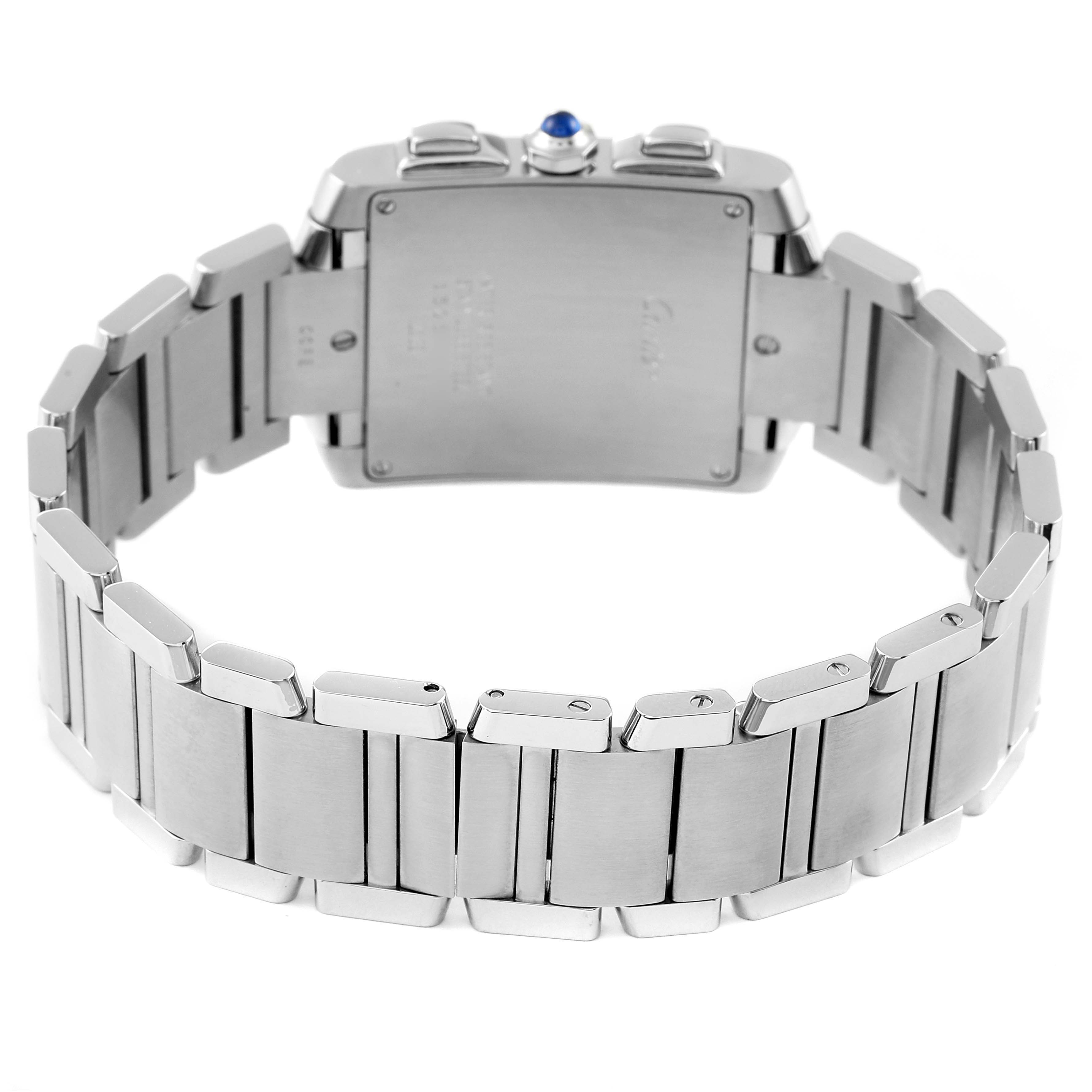 This image shows the back and bracelet of a Cartier Tank Francaise W51001Q3 Men's Stainless Steel Silver Dial W51001Q3 Men's Stainless Steel Silver Dial watch, highlighting its stainless steel links and clasp.