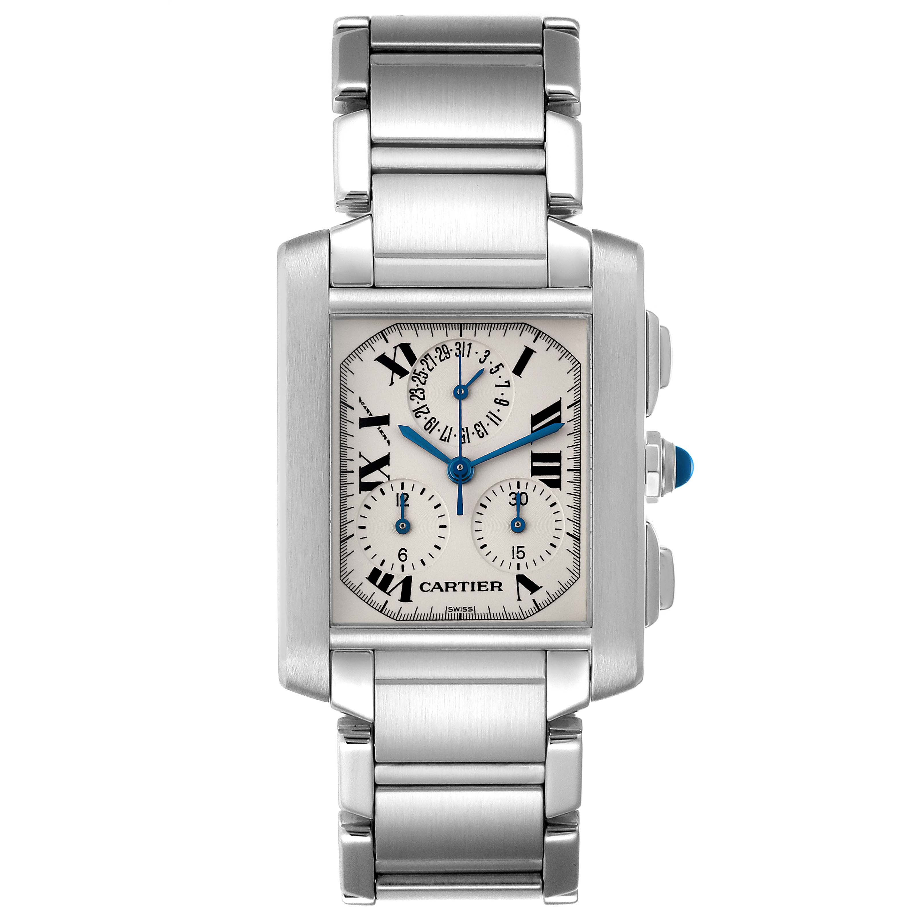 The image shows a front view of the Cartier Tank Francaise W51001Q3 Men's Stainless Steel Silver Dial W51001Q3 Men's Stainless Steel Silver Dial watch, displaying its face, bracelet, and side push-pieces.