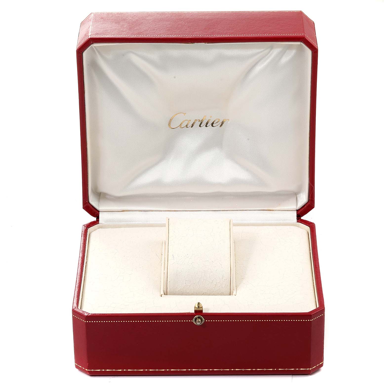 The image shows an open red Cartier watch box for the Tank Francaise model, displaying its cushioned interior.