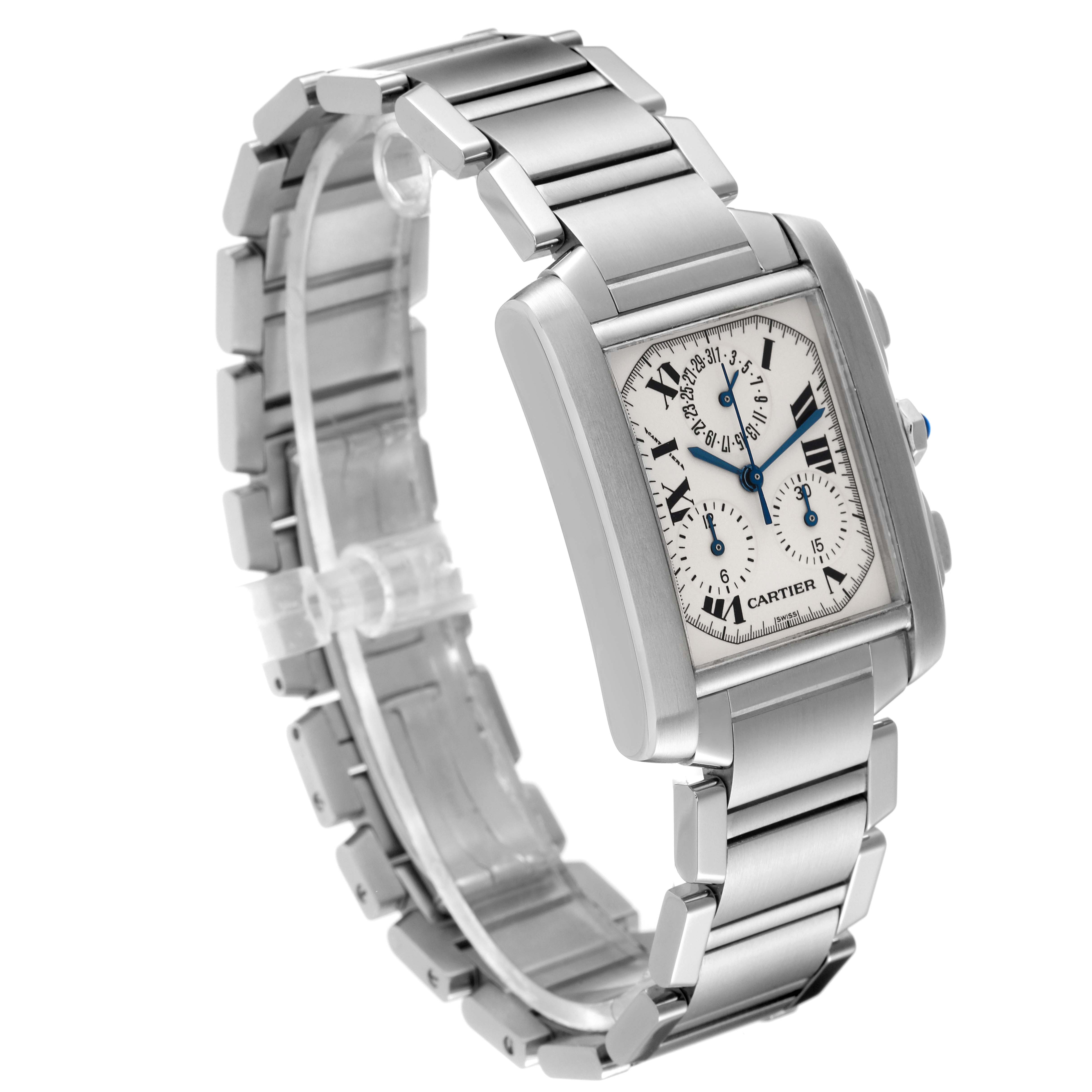 The Cartier Tank Francaise W51001Q3 Men's Stainless Steel Silver Dial W51001Q3 Men's Stainless Steel Silver Dial watch is shown at a front angle, highlighting its silver rectangular face and stainless steel bracelet.