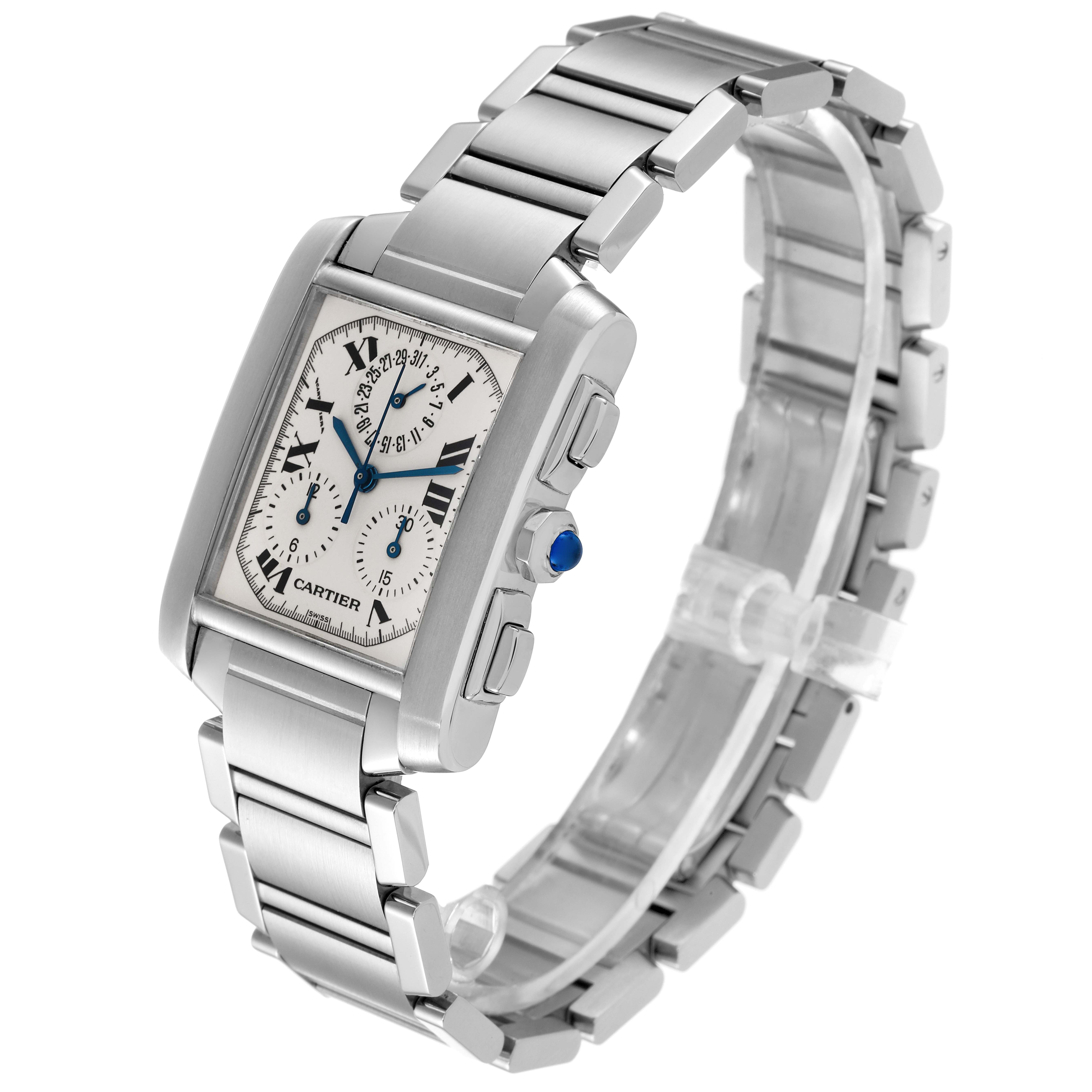 The Cartier Tank Française watch is shown from an angle highlighting its face, side buttons, and stainless steel bracelet.