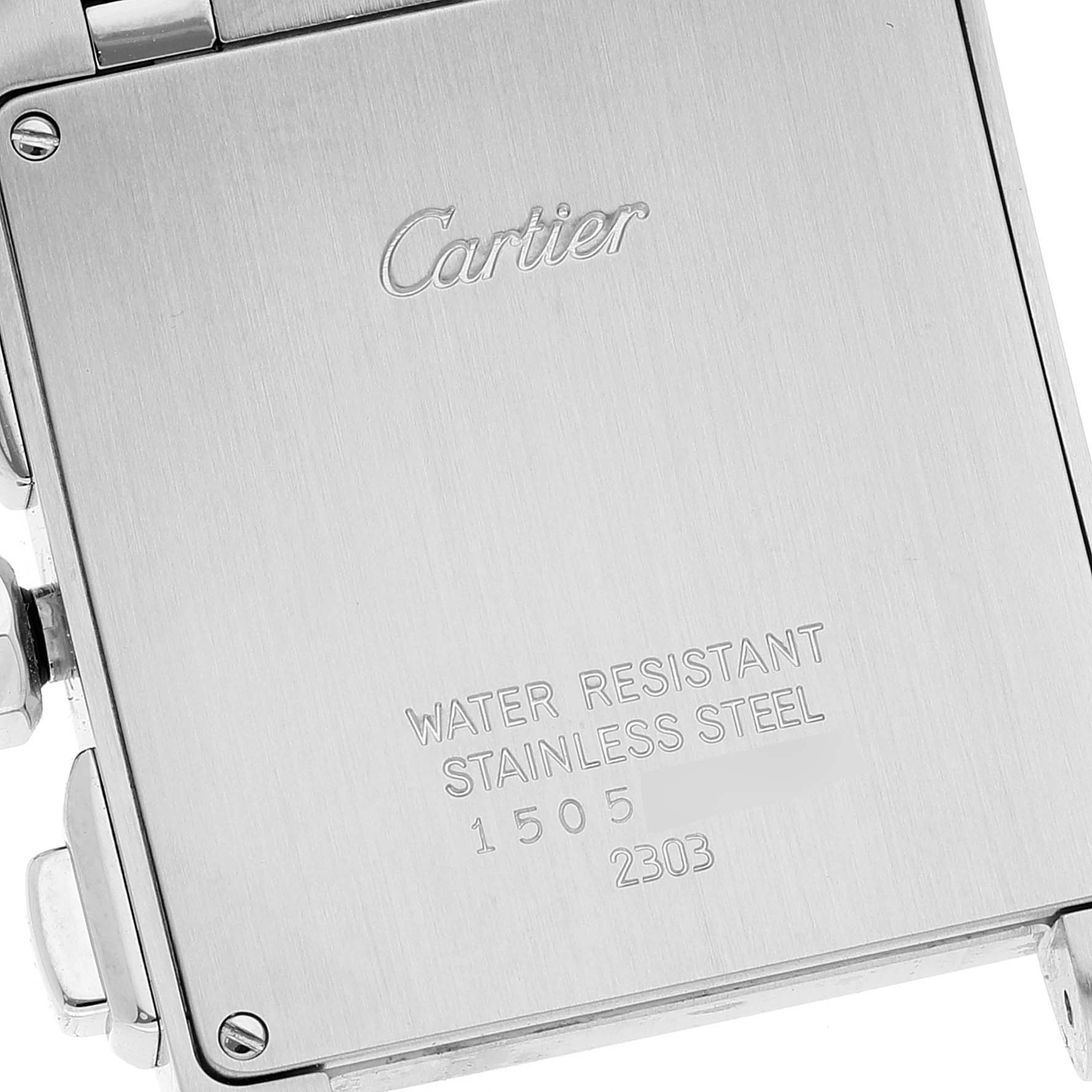 This image shows the back of a Cartier Tank Francaise W51001Q3 Men's Stainless Steel Silver Dial W51001Q3 Men's Stainless Steel Silver Dial watch in stainless steel, focusing on the engraved details.
