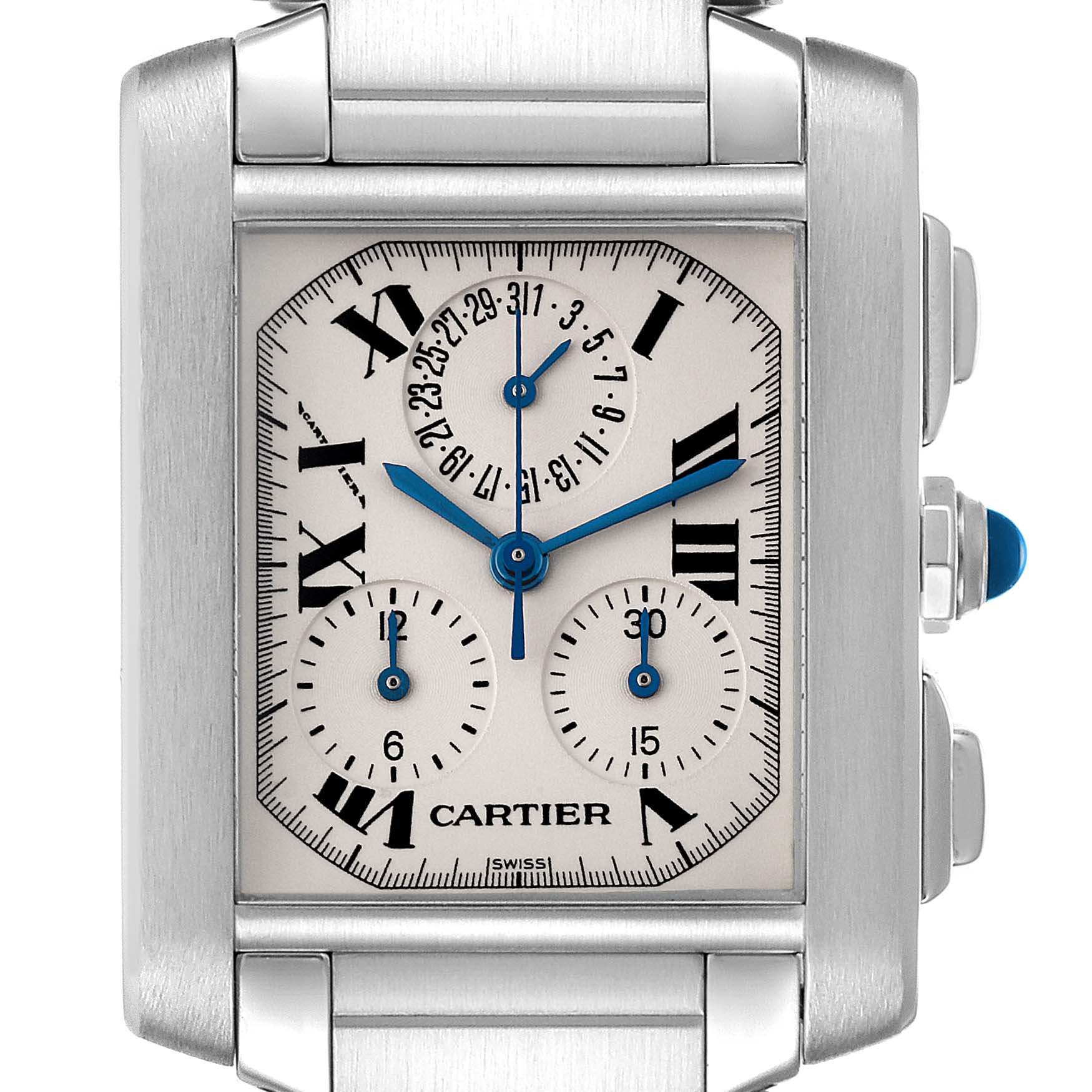 This image shows a close-up, front view of the dial on a Cartier Tank Francaise W51001Q3 Men's Stainless Steel Silver Dial W51001Q3 Men's Stainless Steel Silver Dial watch, highlighting its sub-dials and blue hands.