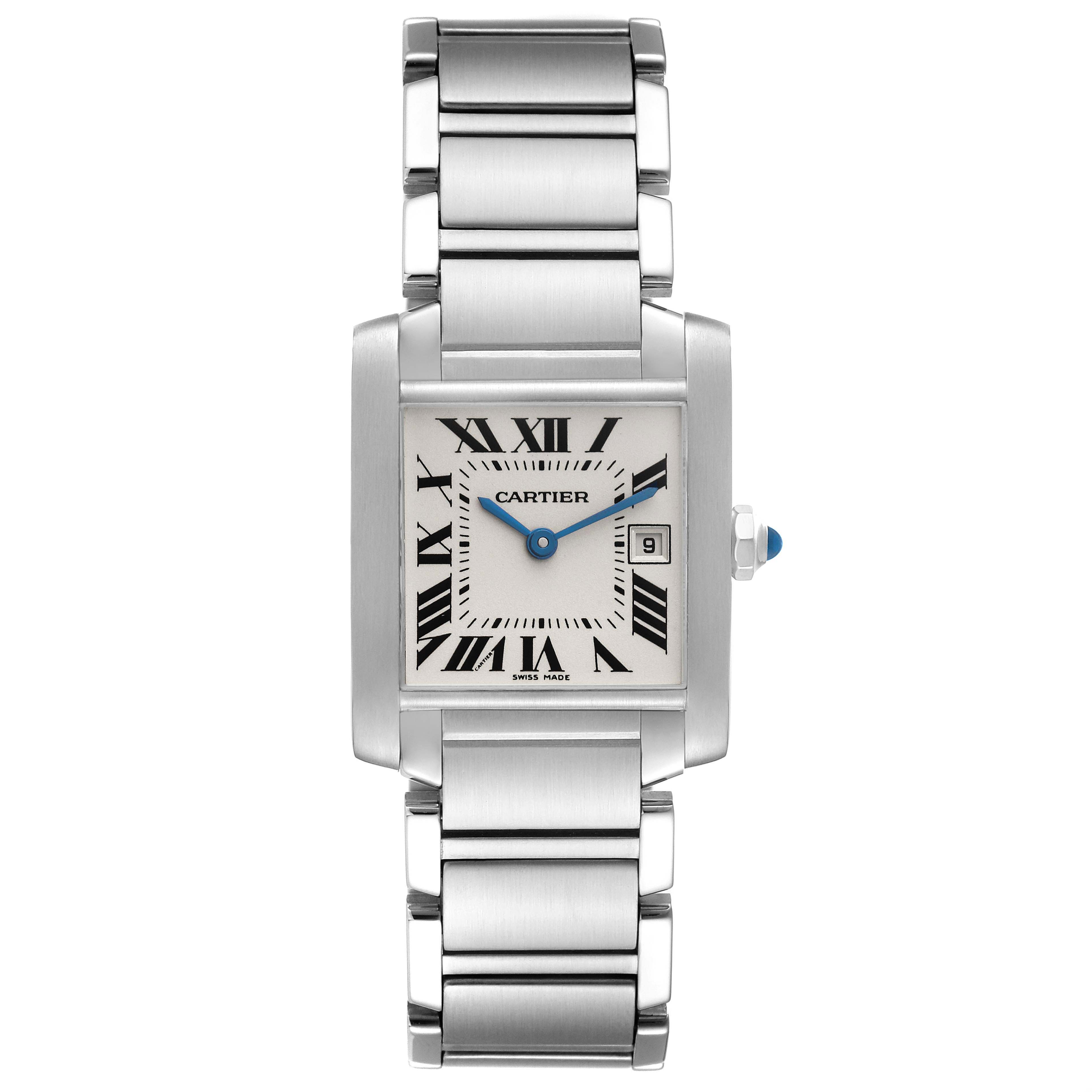 The image shows a front view of the Cartier Tank Française watch, highlighting its rectangular dial, Roman numerals, and metal bracelet.