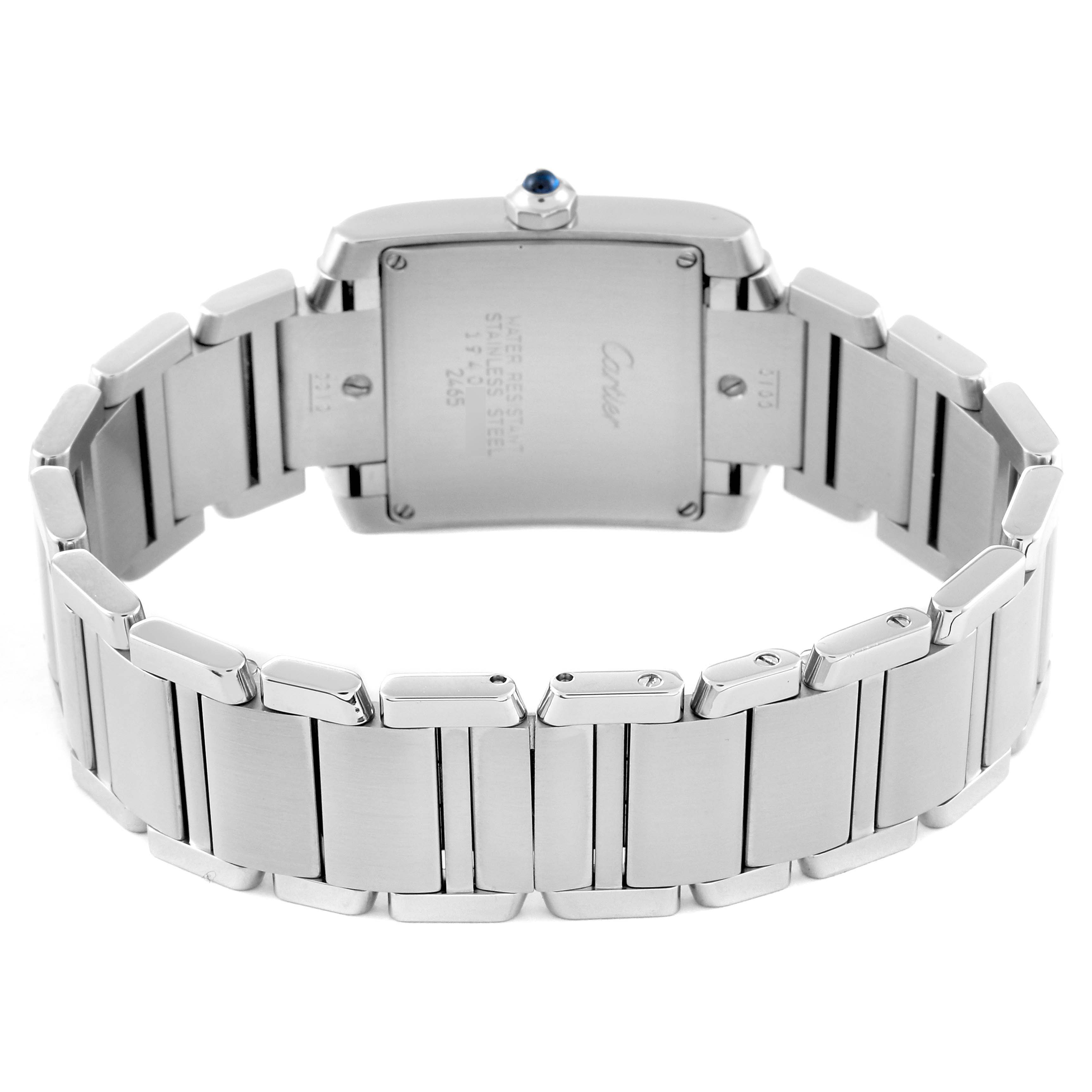 The image shows the back view of a Cartier Tank Francaise W51011Q3 Women
s Stainless Steel Silver Dial W51011Q3 Women
s Stainless Steel Silver Dial watch, focusing on the stainless steel bracelet and case back.
