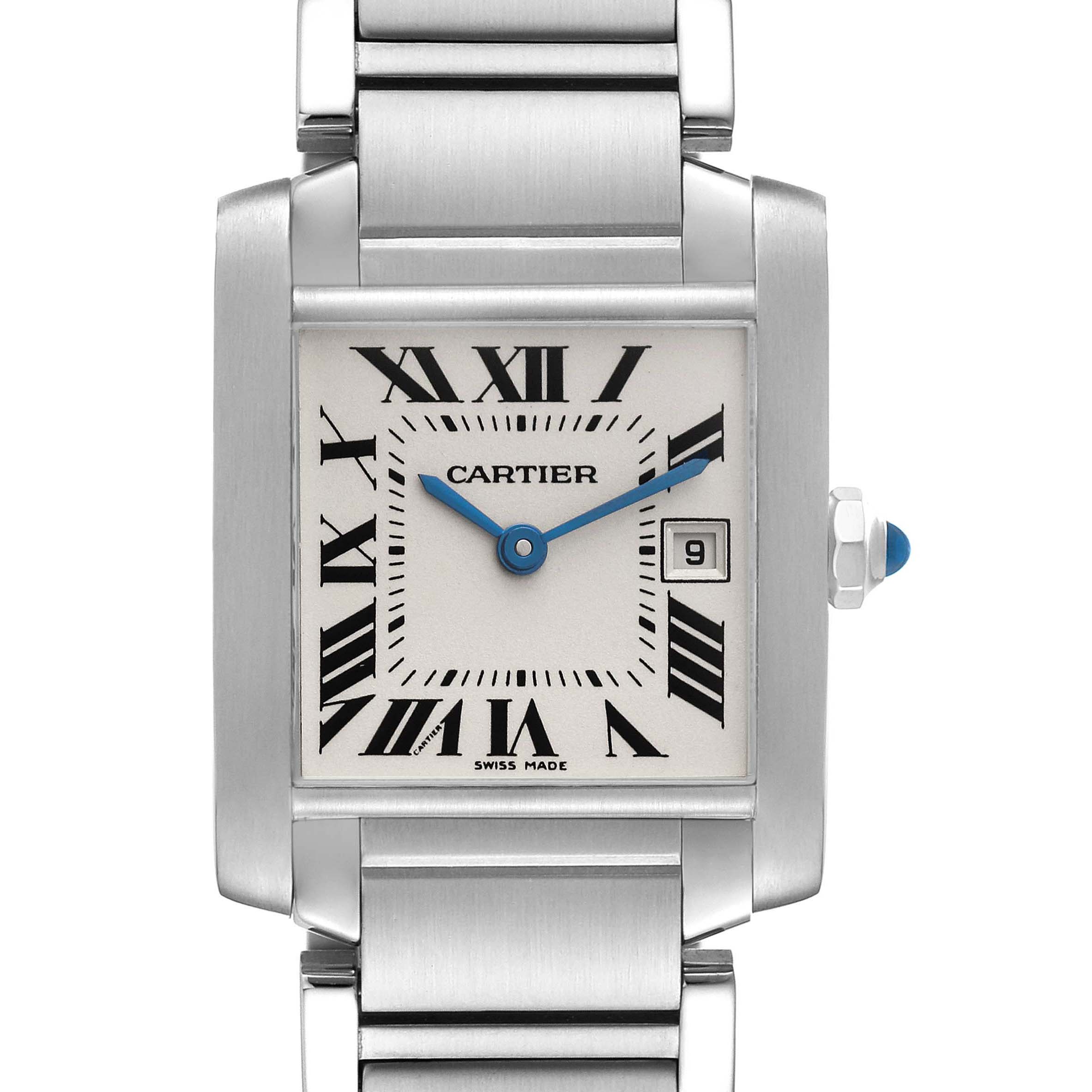 The image shows a frontal view of the Cartier Tank Francaise W51011Q3 Women
s Stainless Steel Silver Dial W51011Q3 Women
s Stainless Steel Silver Dial watch, displaying its dial, Roman numerals, and metallic bracelet.
