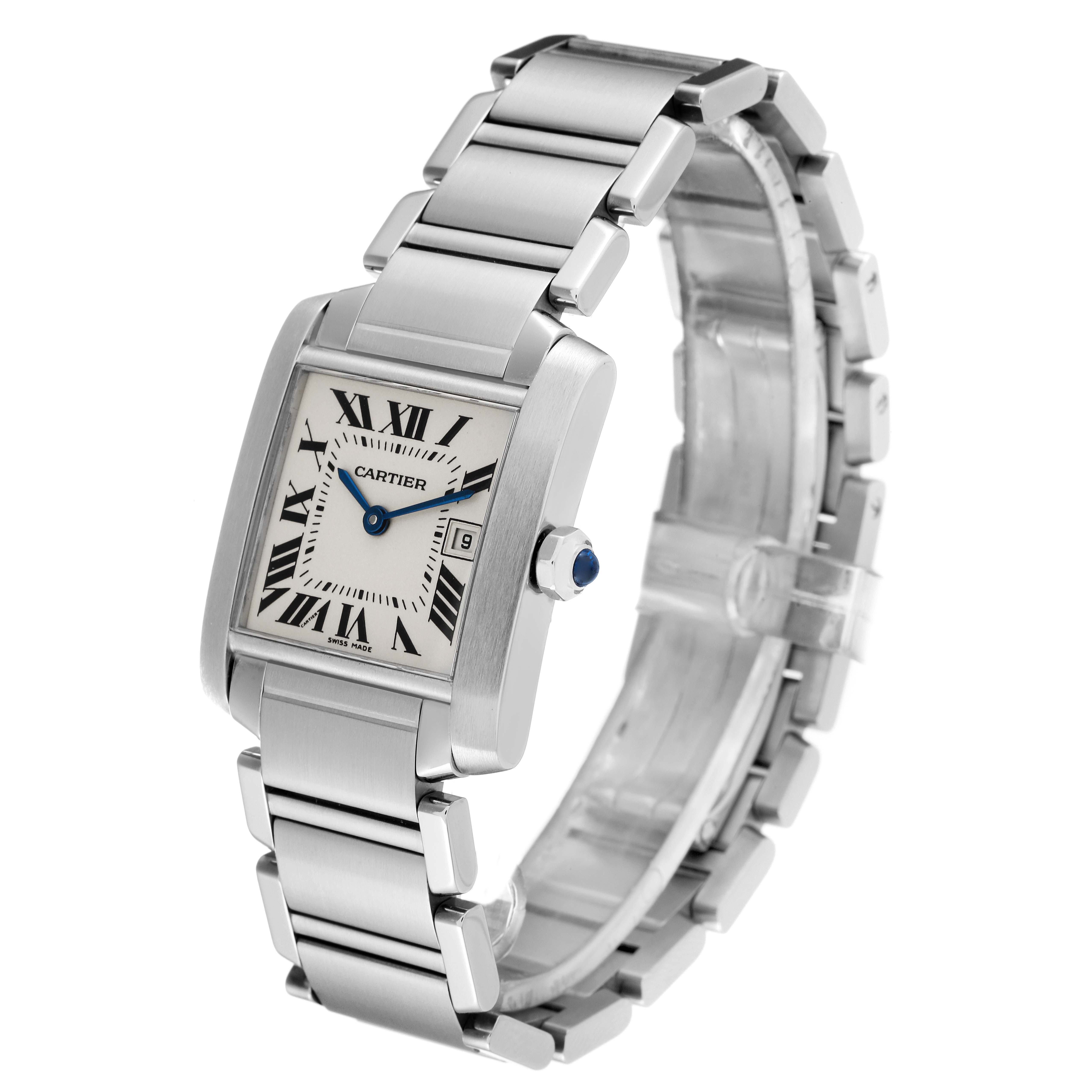 The image shows a Cartier Tank Francaise W51011Q3 Women
s Stainless Steel Silver Dial W51011Q3 Women
s Stainless Steel Silver Dial watch at an oblique angle, highlighting its face, bracelet, and side crown with a blue gem.