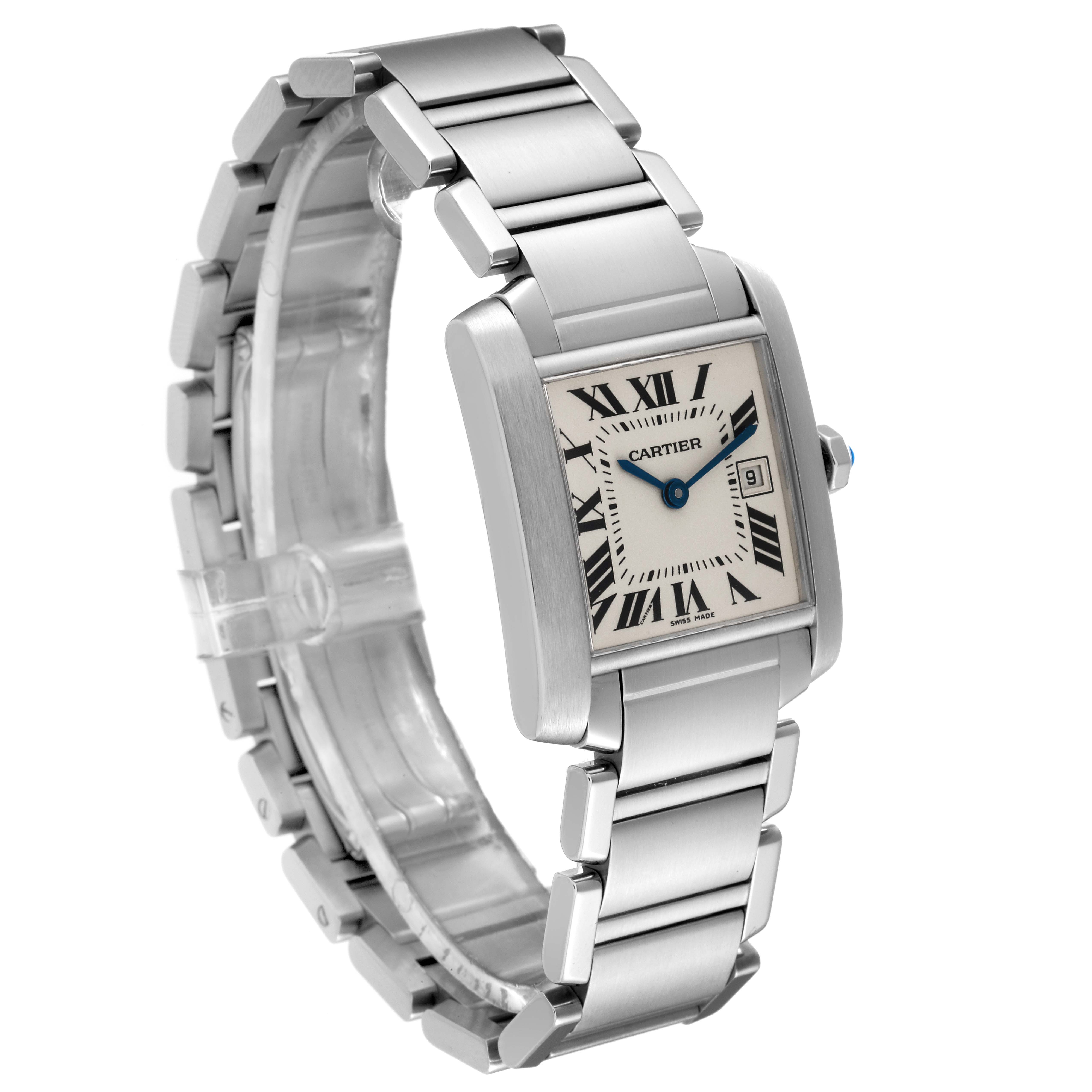 The image shows a Cartier Tank Francaise W51011Q3 Women
s Stainless Steel Silver Dial W51011Q3 Women
s Stainless Steel Silver Dial watch angled left with a visible stainless steel bracelet and rectangular face displaying Roman numerals.