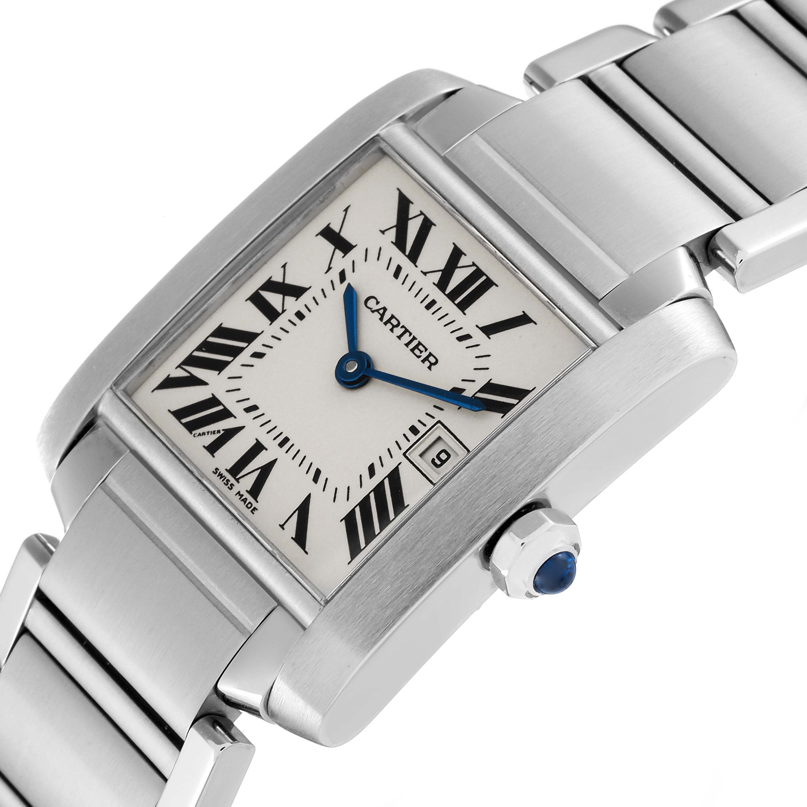 This image shows the Cartier Tank Francaise W51011Q3 Women
s Stainless Steel Silver Dial W51011Q3 Women
s Stainless Steel Silver Dial watch angled to display the face, crown, and metal bracelet.