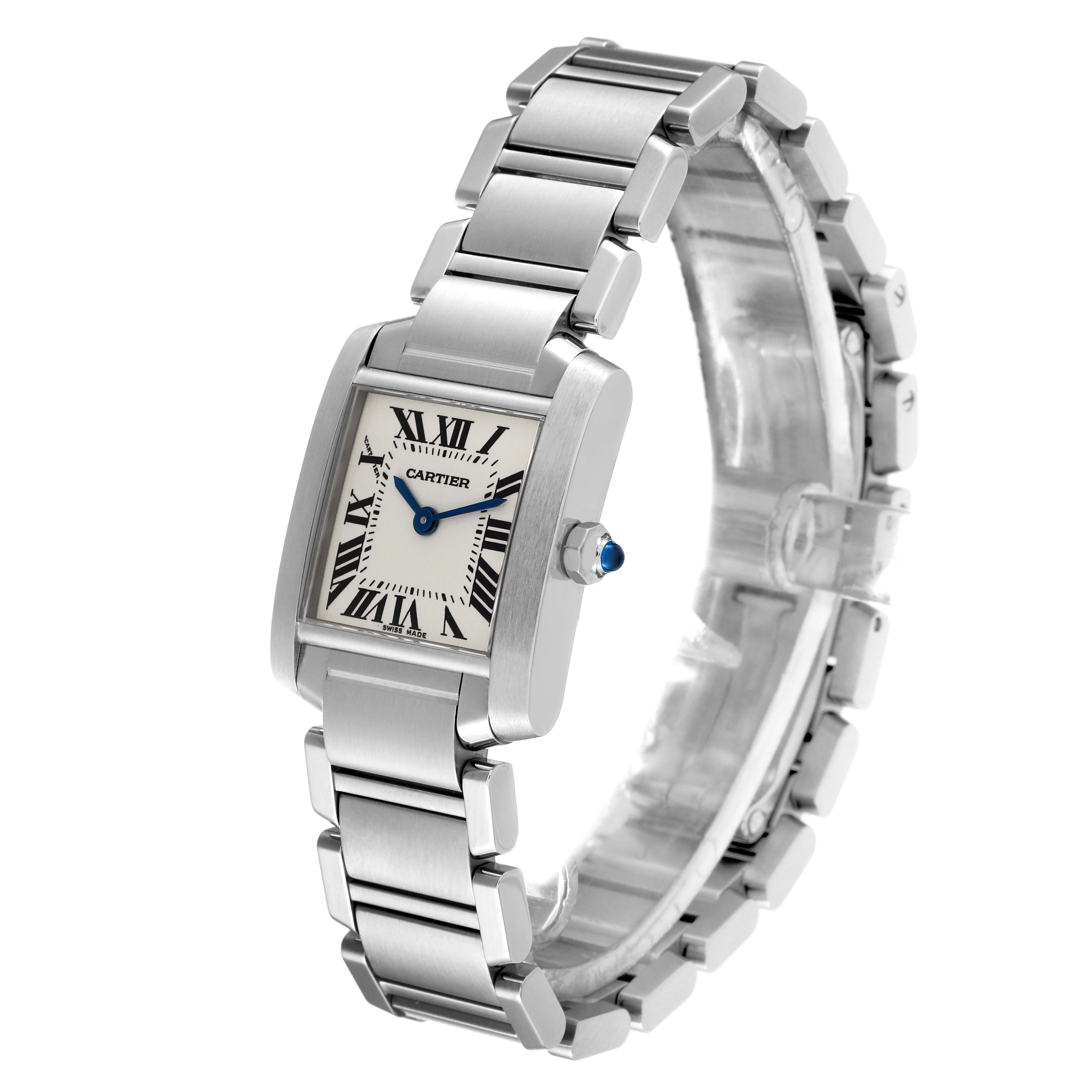 This image shows a Cartier Tank Francaise W51008Q3 Women
s Stainless Steel Silver Dial W51008Q3 Women
s Stainless Steel Silver Dial watch angled to display the face, crown, and bracelet.