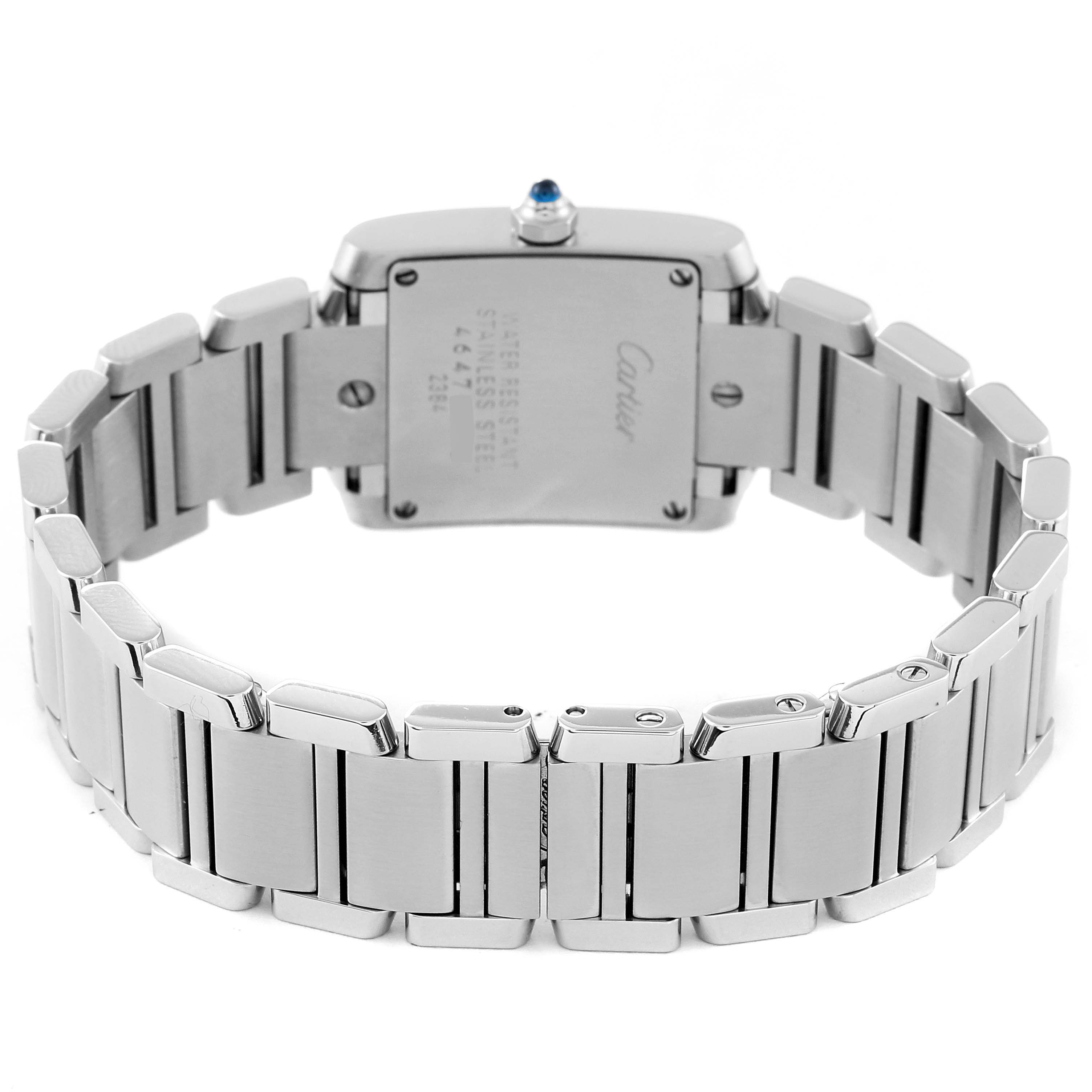 The image shows the back and the bracelet of a Cartier Tank Francaise W51008Q3 Women
s Stainless Steel Silver Dial W51008Q3 Women
s Stainless Steel Silver Dial watch at a rear angle.