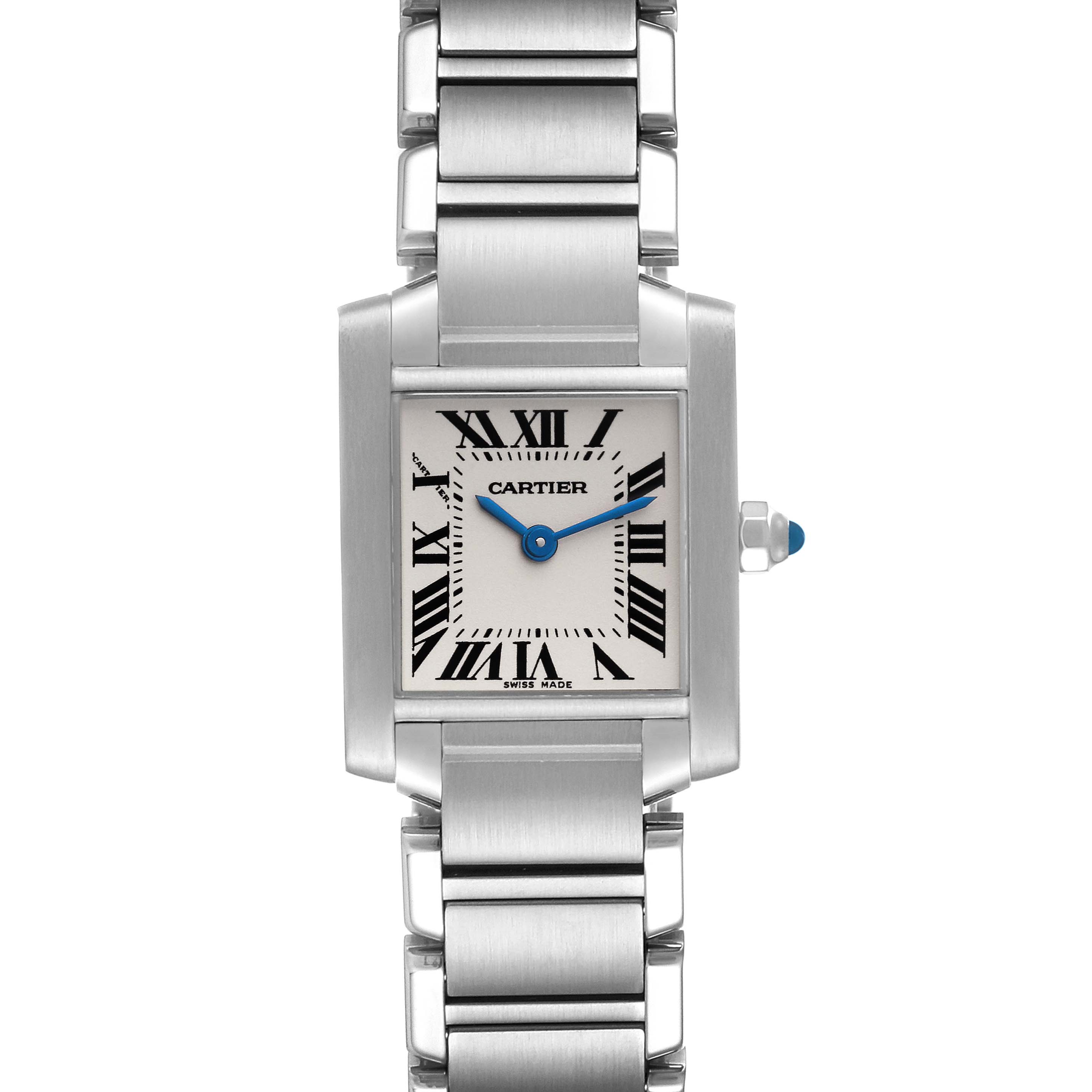 The image shows a frontal view of the Cartier Tank Francaise W51008Q3 Women
s Stainless Steel Silver Dial W51008Q3 Women
s Stainless Steel Silver Dial watch, highlighting its dial, bracelet, and crown.
