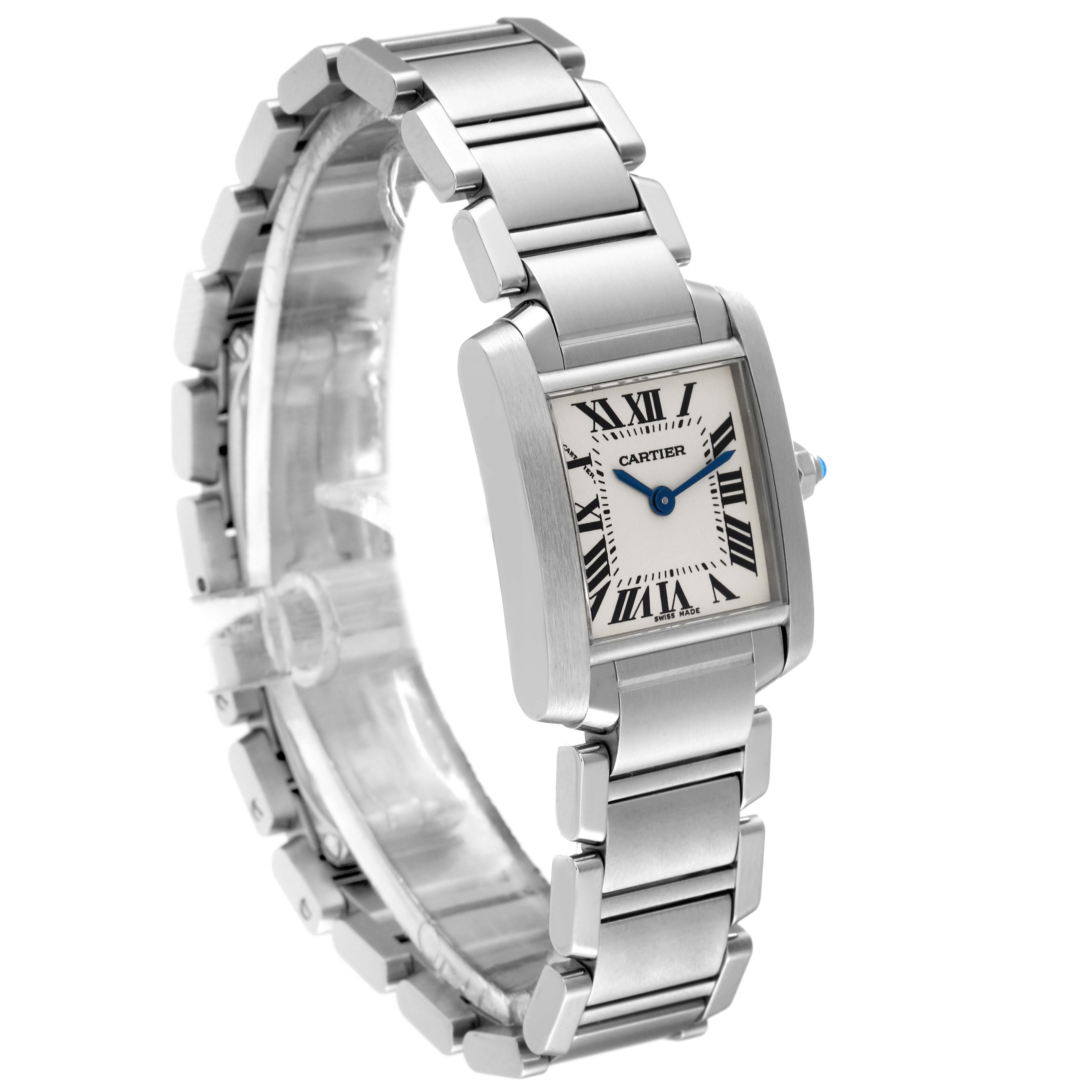 This image shows a Cartier Tank Francaise W51008Q3 Women
s Stainless Steel Silver Dial W51008Q3 Women
s Stainless Steel Silver Dial watch at a slightly tilted angle, highlighting its face and metallic band.