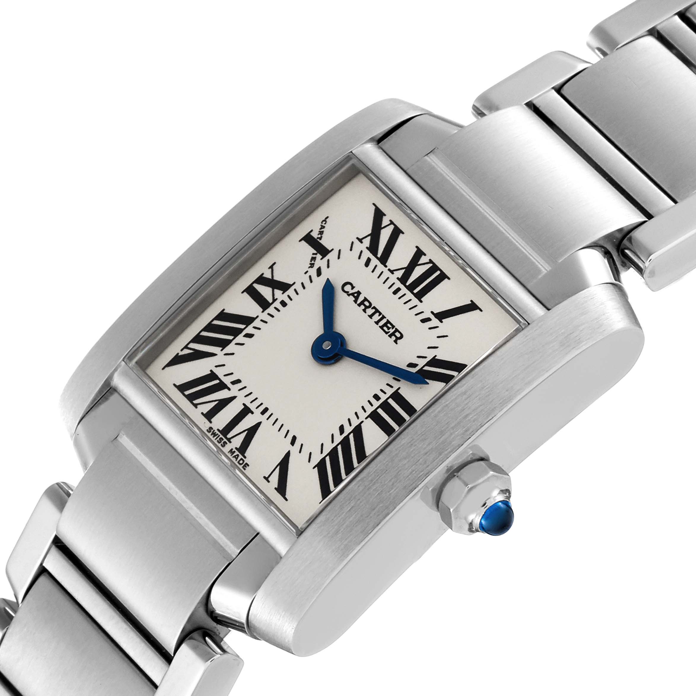 This image shows a close-up view of the Cartier Tank Francaise W51008Q3 Women
s Stainless Steel Silver Dial W51008Q3 Women
s Stainless Steel Silver Dial watch, highlighting its rectangular face, bracelet, and crown with a blue stone.