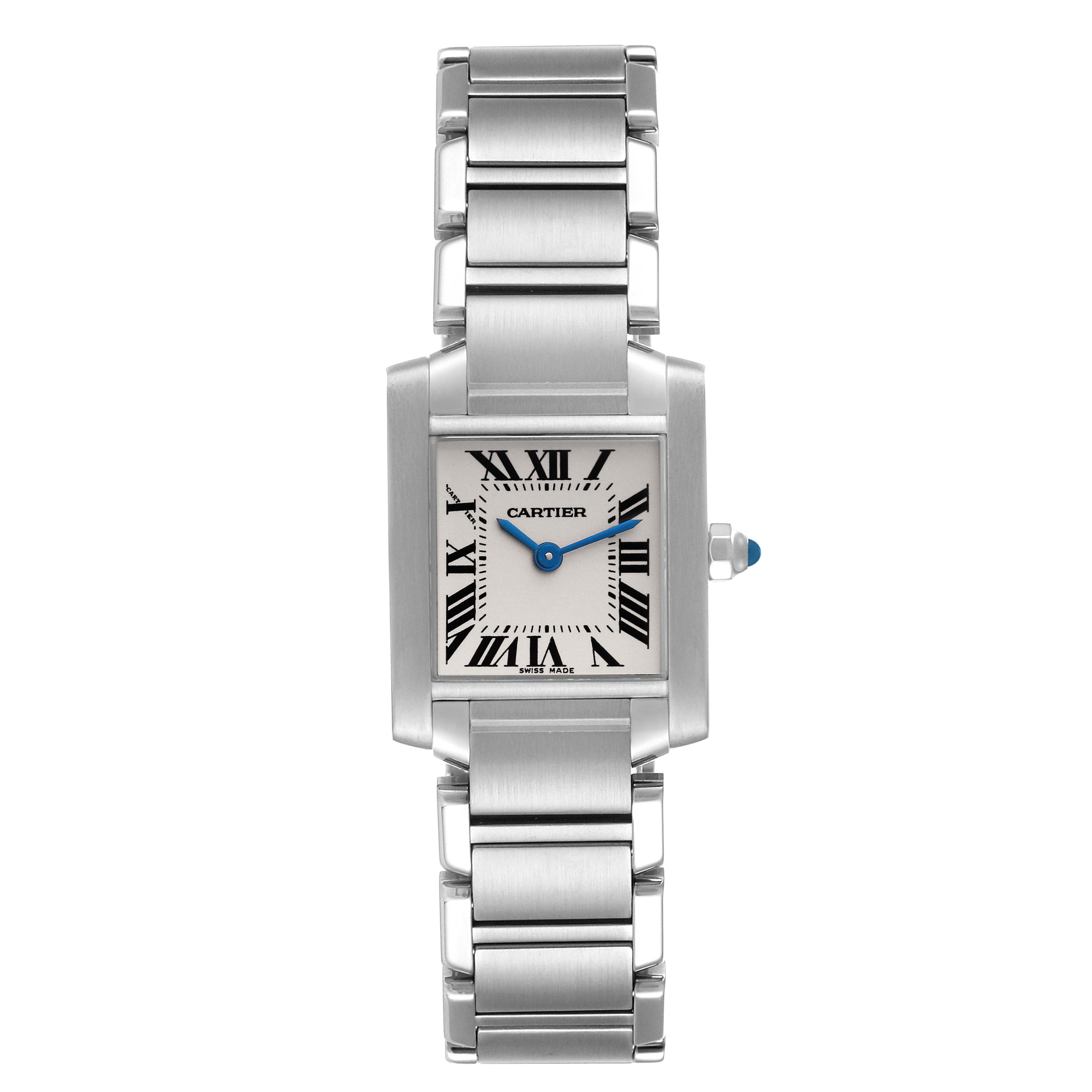 The image shows a front view of a Tank Française watch by Cartier, displaying the face and stainless steel bracelet.
