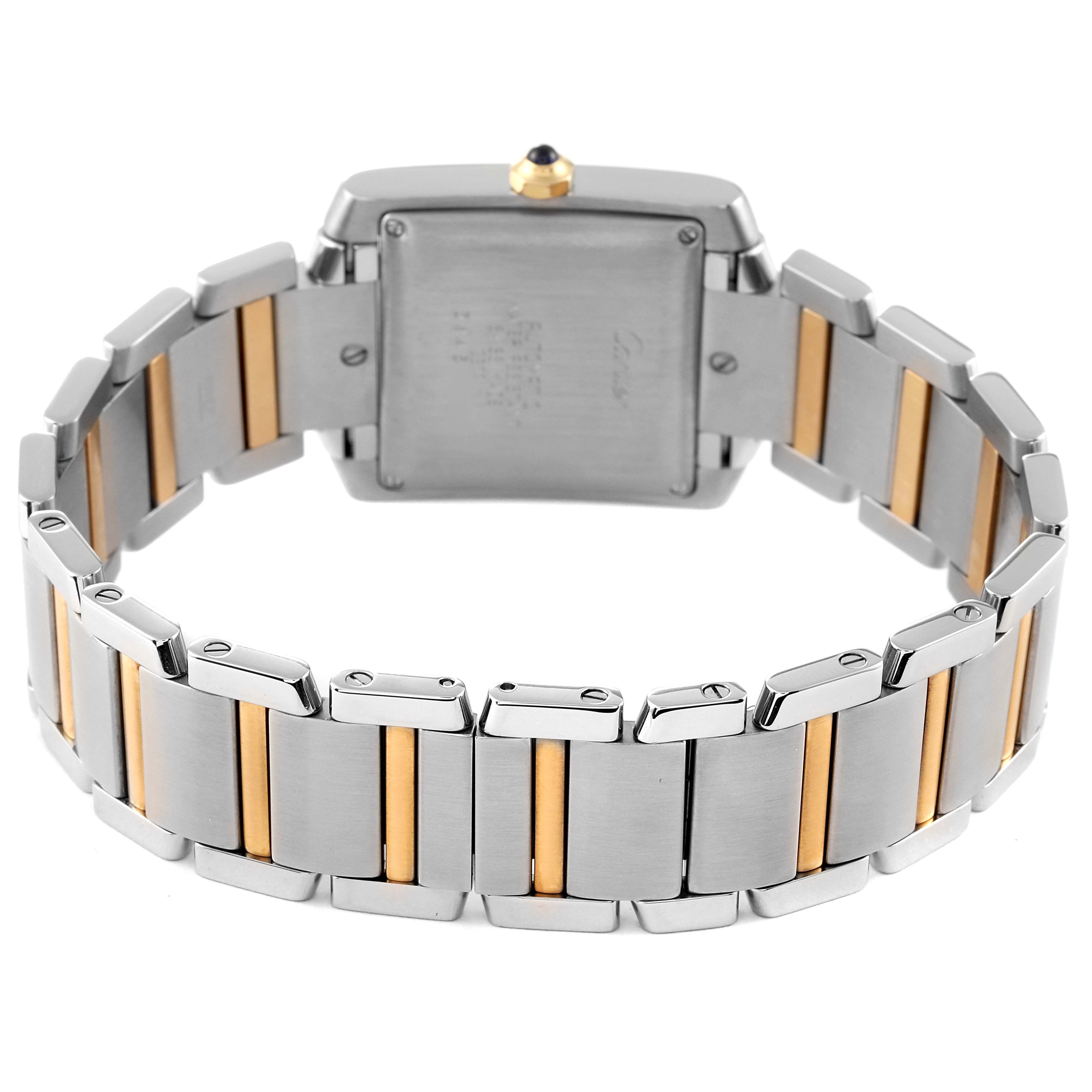 The image shows the back view of a Cartier Tank Francaise W51005Q4 Men's Steel and Gold (two tone) Silver Dial W51005Q4 Men's Steel and Gold (two tone) Silver Dial watch, highlighting the two-tone metal bracelet and case back.