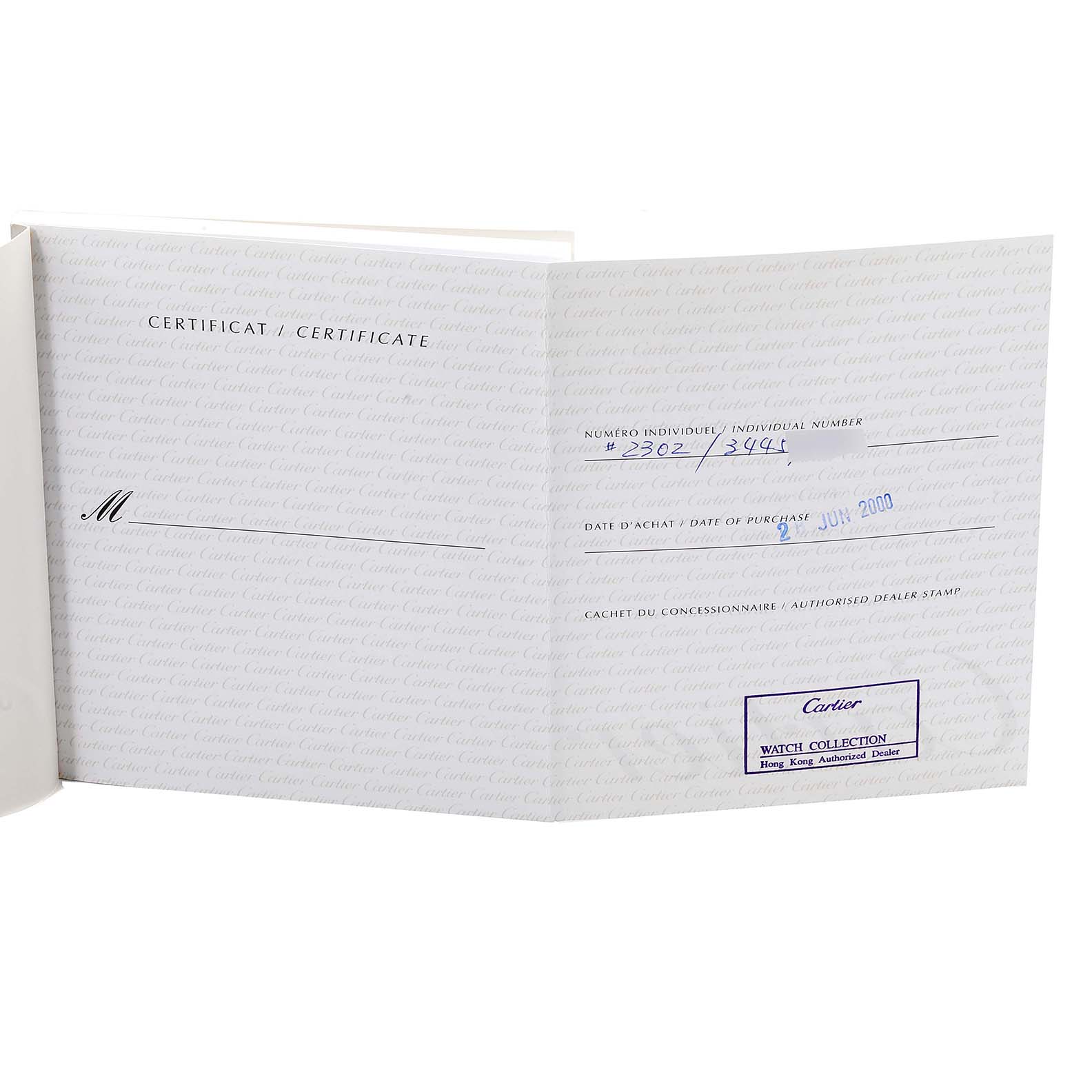 The image shows the certificate of a Tank Francaise model by Cartier, detailing the purchase date and dealership.