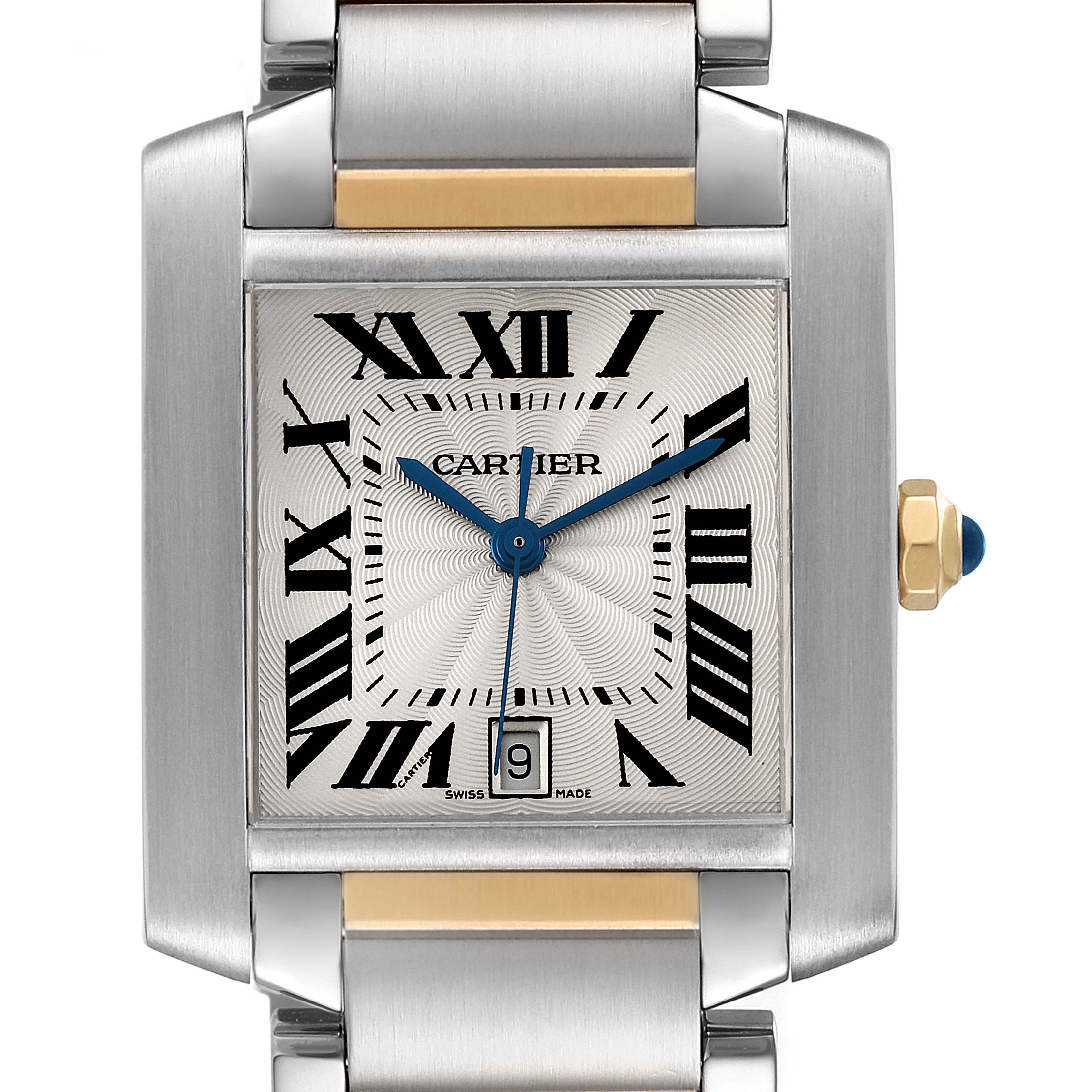 This image shows a frontal view of the Cartier Tank Française watch dial, showcasing its rectangular face, Roman numerals, and date display.
