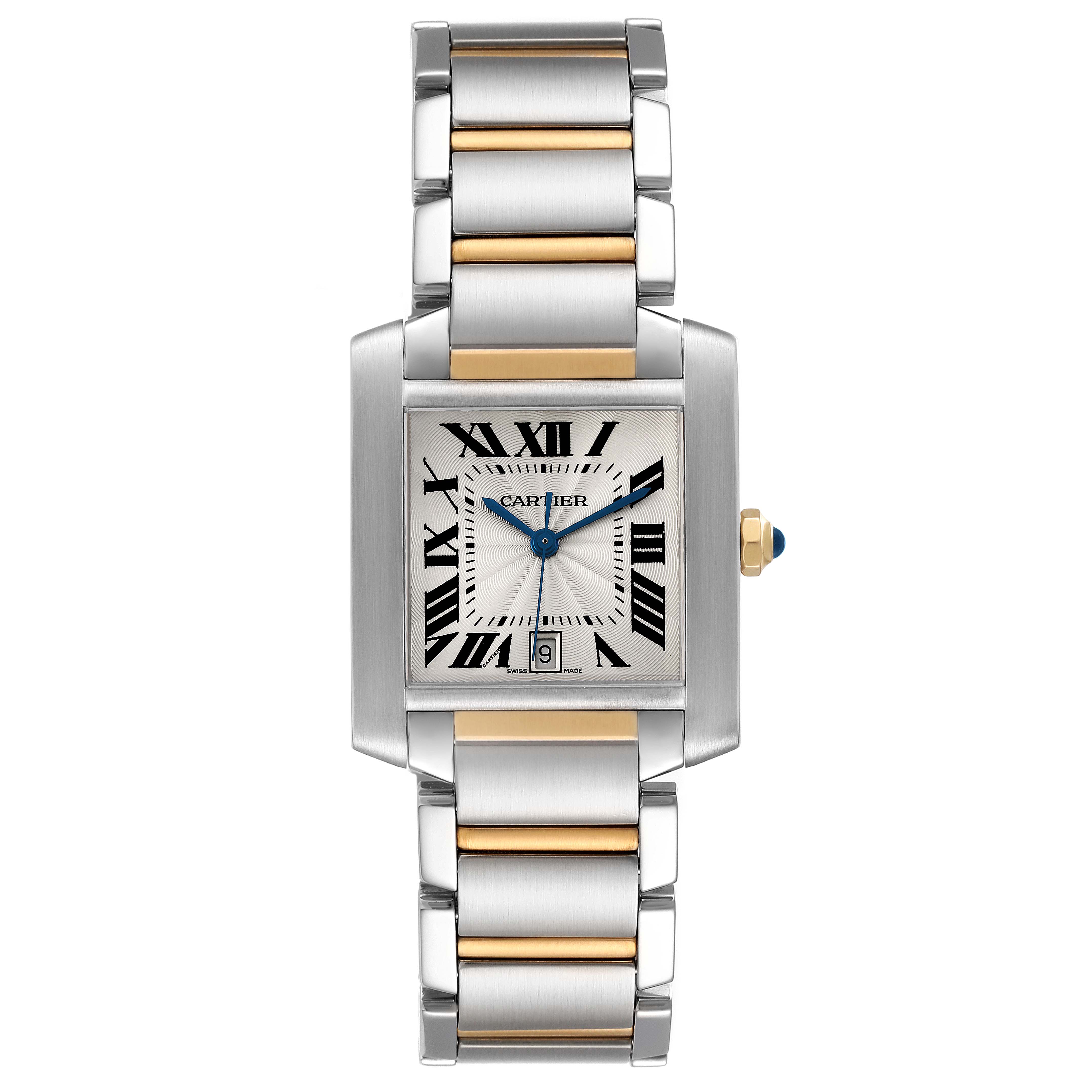 The image shows a Cartier Tank Francaise W51005Q4 Men's Steel and Gold (two tone) Silver Dial W51005Q4 Men's Steel and Gold (two tone) Silver Dial watch from a front view, highlighting its bracelet, bezel, and dial.